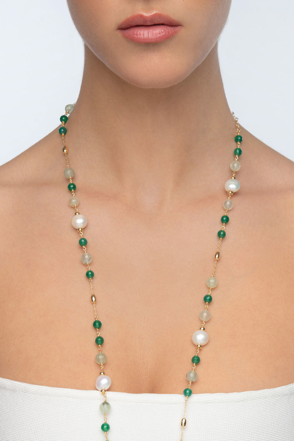 Κολιέ Swing από επιχρυσωμένο ασήμι 925° με μαργαριτάρια μπαρόκ, πράσινο αχάτη και πρενίτη Εικόνα 3