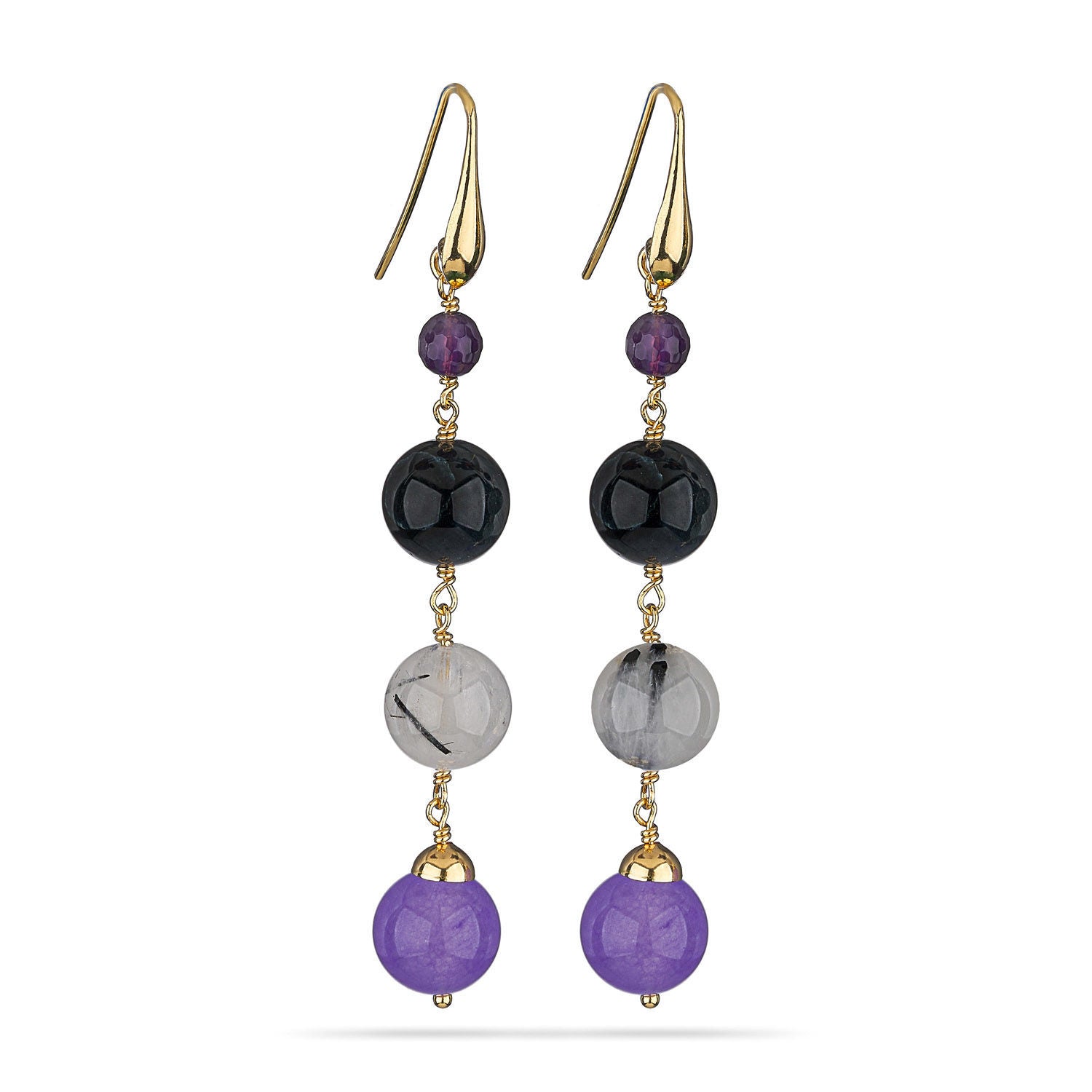 Σκουλαρίκια Swing από επιχρυσωμένο ασήμι 925° με αμέθυστο, tiger's eye, μωβ νεφρίτη και quartz Εικόνα 1