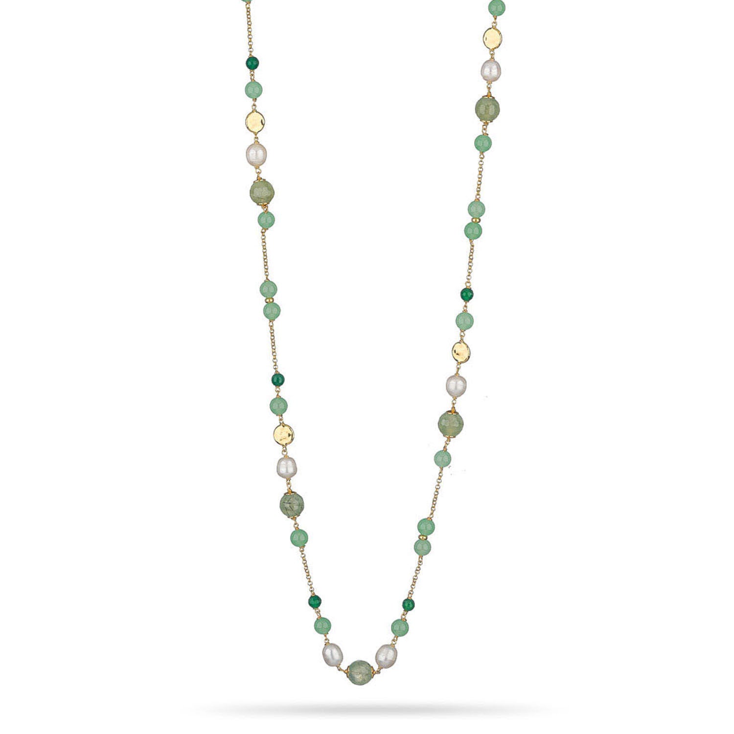 Κολιέ Swing από επιχρυσωμένο ασήμι 925° με πράσινο αχάτη,αβεντουρίνη,cat's eye stone και freshwater pearls Εικόνα 1
