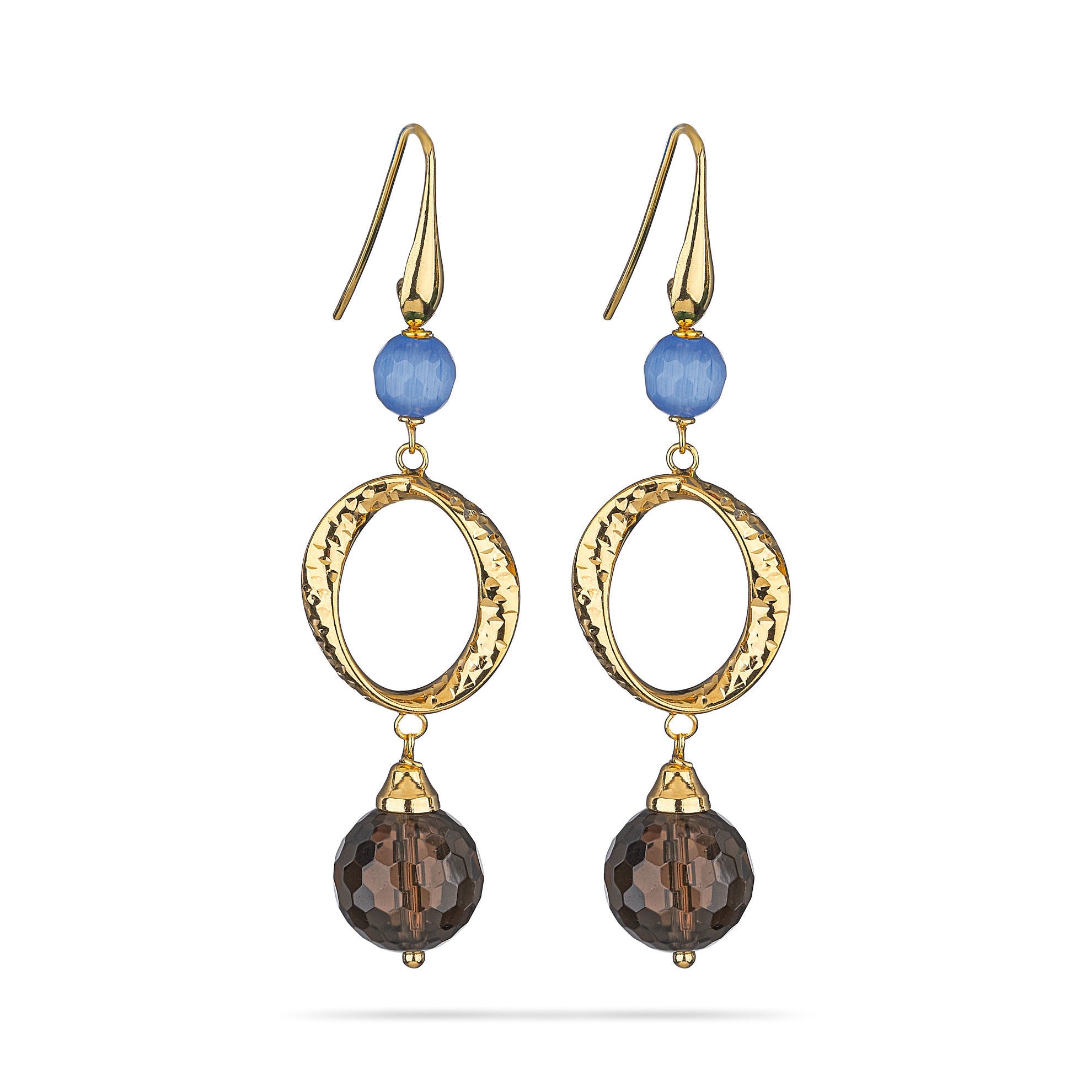 Σκουλαρίκια Swing από επιχρυσωμένο ασήμι 925° με moonstone,smoky quartz και tiger's eye Εικόνα 1