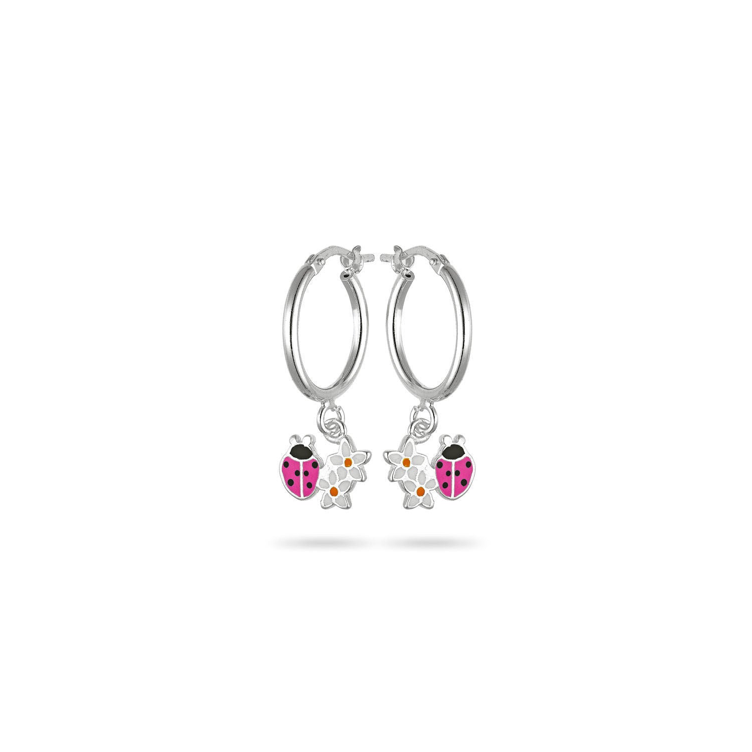 Παιδικά σκουλαρίκια Πασχαλίτσα με λουλούδι από ασήμι 925° με ροζ, μαύρο και λευκό σμάλτο Εικόνα 1