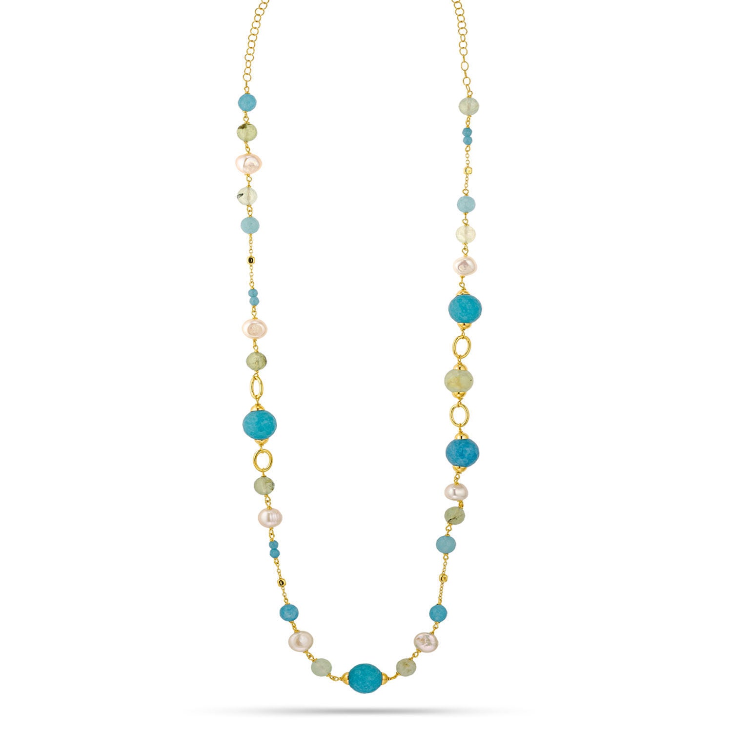 Κολιέ Swing από επιχρυσωμένο ασήμι 925° με freshwater pearls, blue quartz και πρενίτη Εικόνα 1