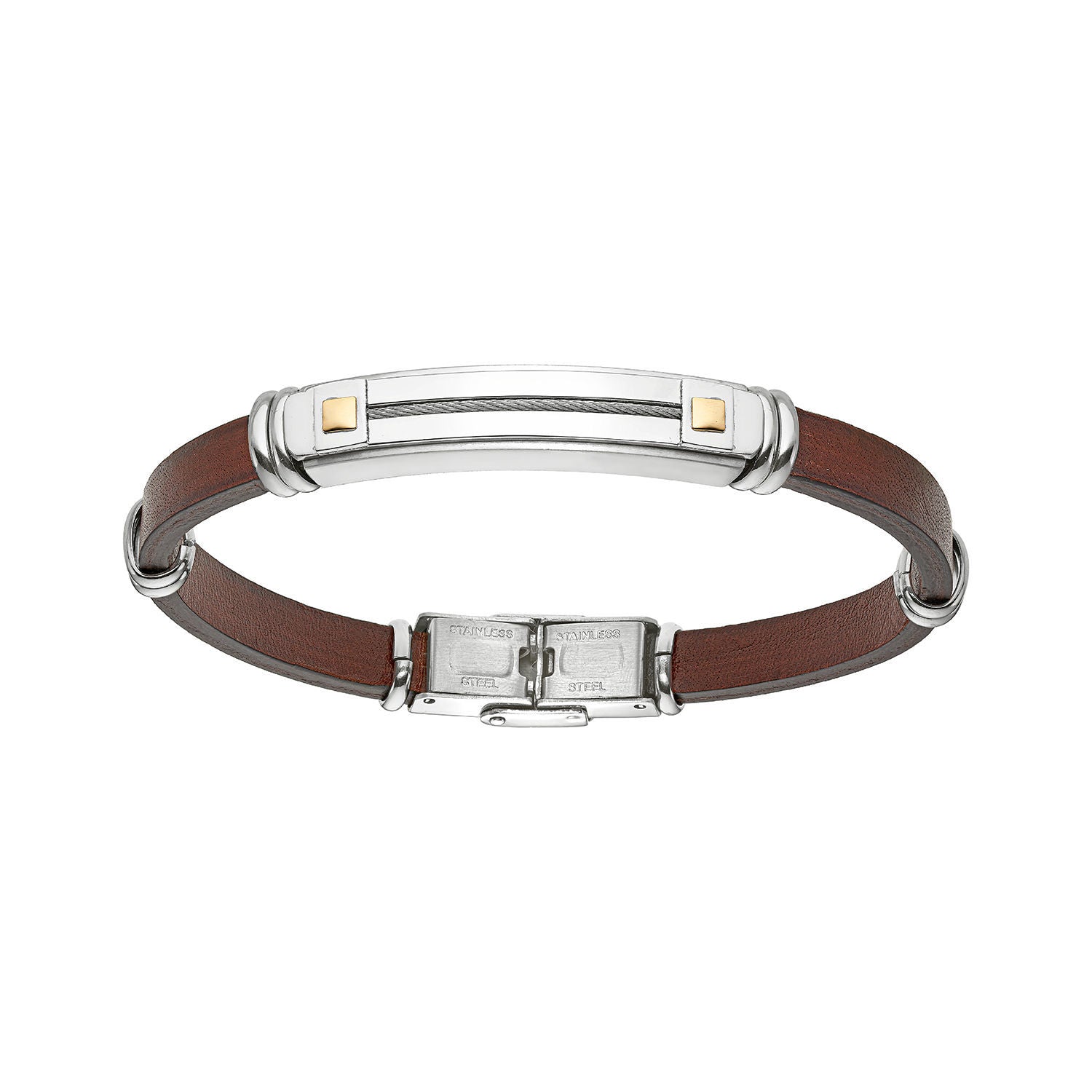 Ανδρικό βραχιόλι με λεπτομέρειες από χρυσό 18Κ, καφέ δέρμα και στοιχεία από ατσάλι Εικόνα 1