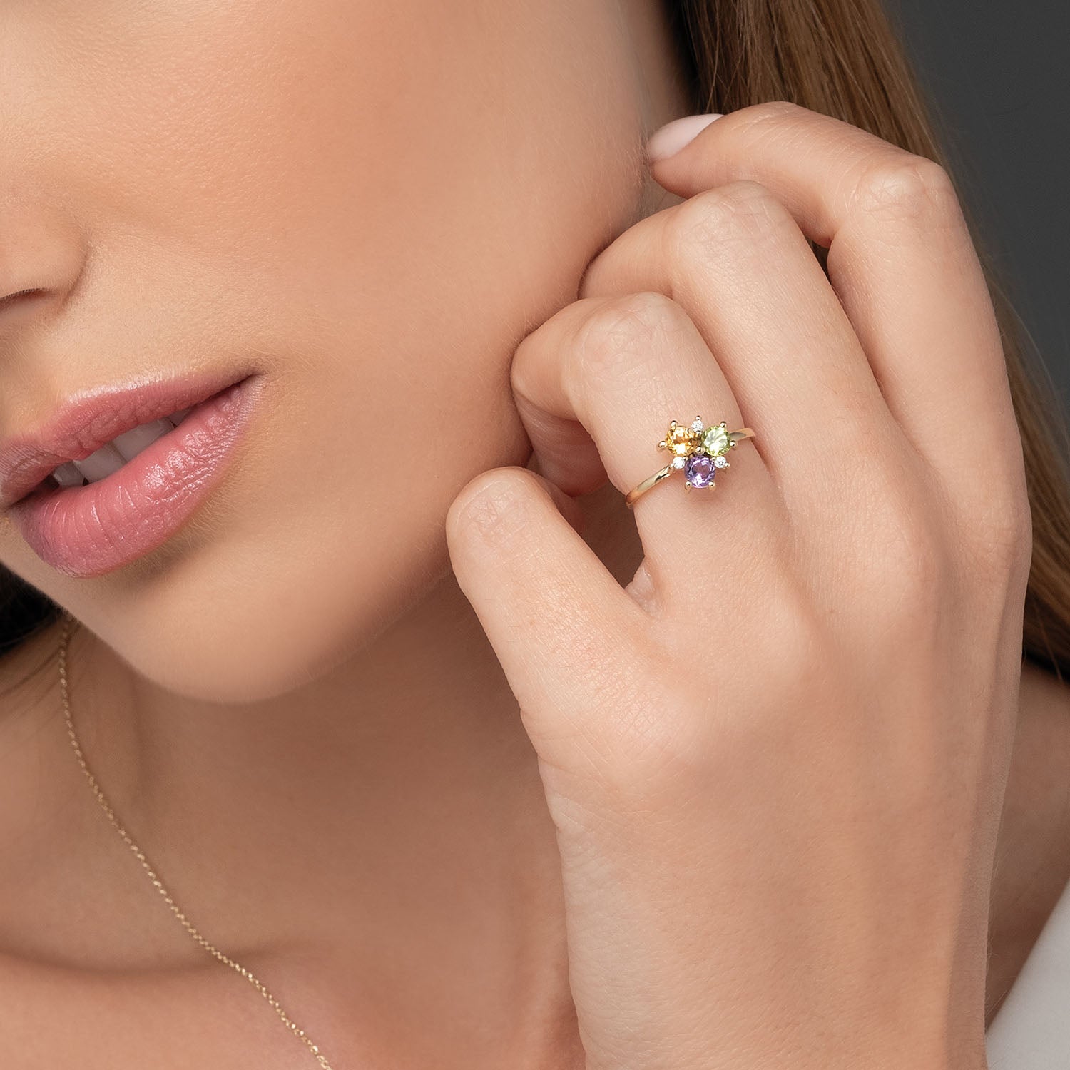 Δαχτυλίδι Secret Garden από χρυσό 14K με περίδοτο, σιτρίν, αμέθυστο και διαμάντια μπριγιάν Εικόνα 2