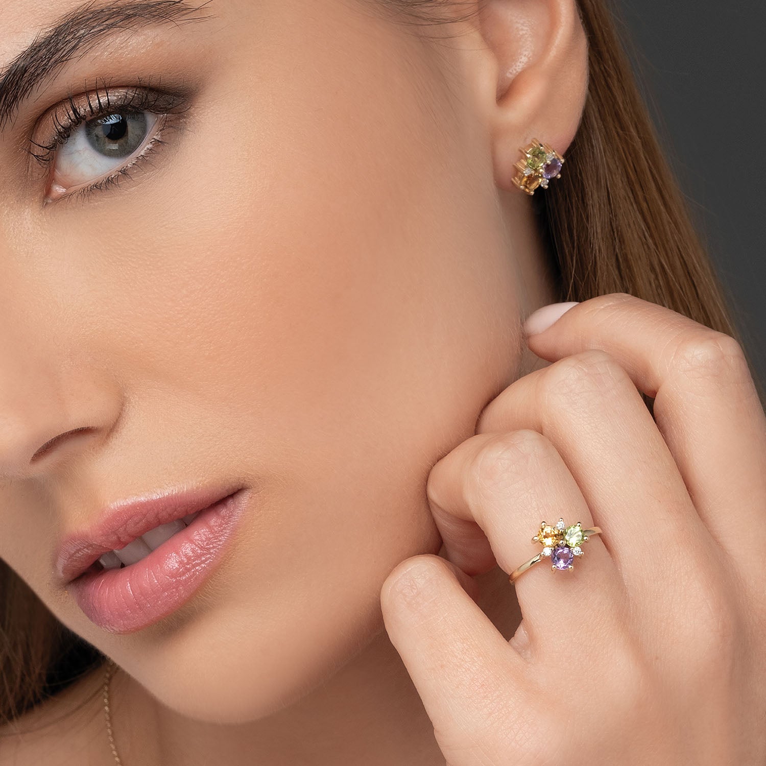 Σκουλαρίκια Secret Garden από χρυσό 14K με περίδοτο, σιτρίν, αμέθυστο και διαμάντια μπριγιάν Εικόνα 2