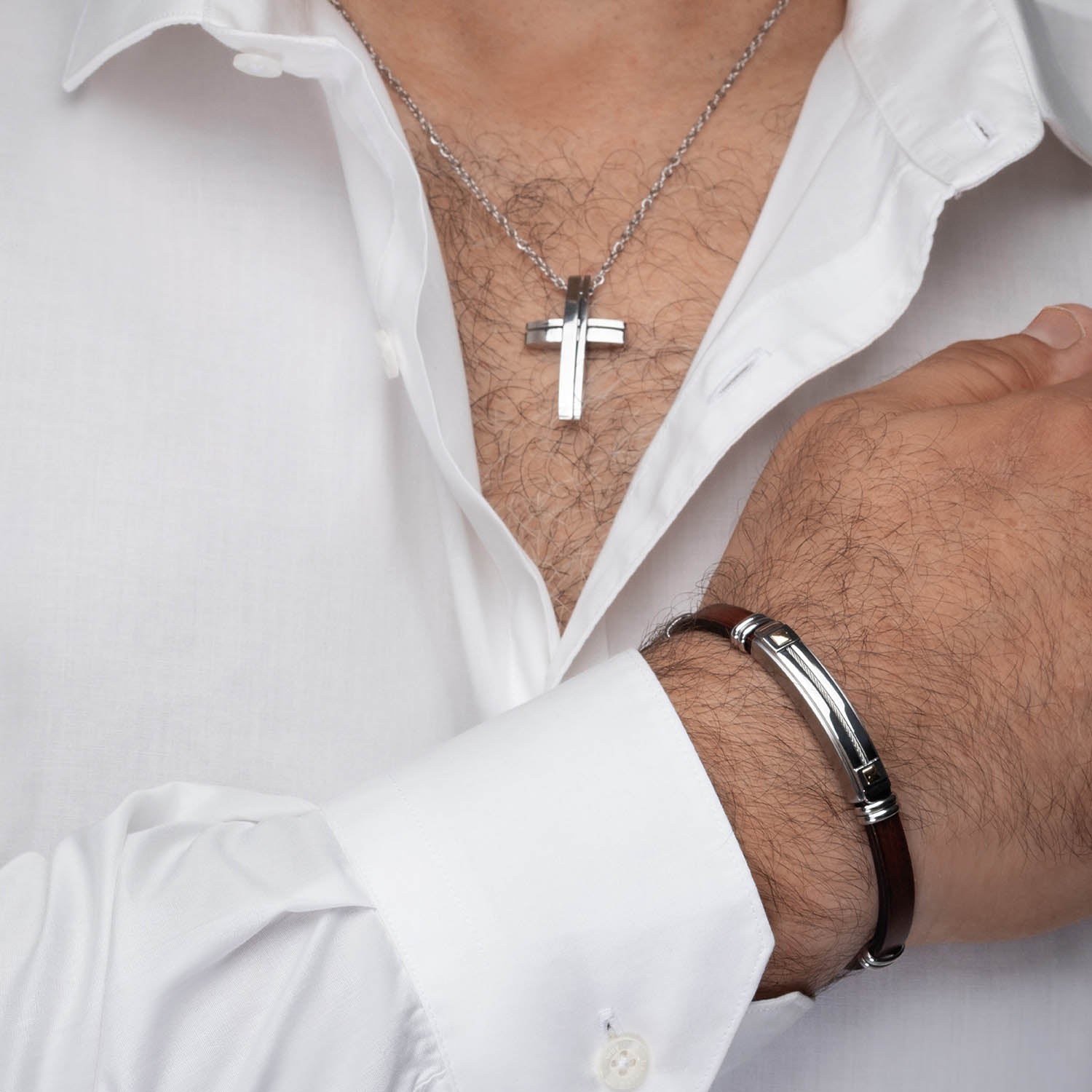 Ανδρικό βραχιόλι με λεπτομέρειες από χρυσό 18Κ, καφέ δέρμα και στοιχεία από ατσάλι Εικόνα 2