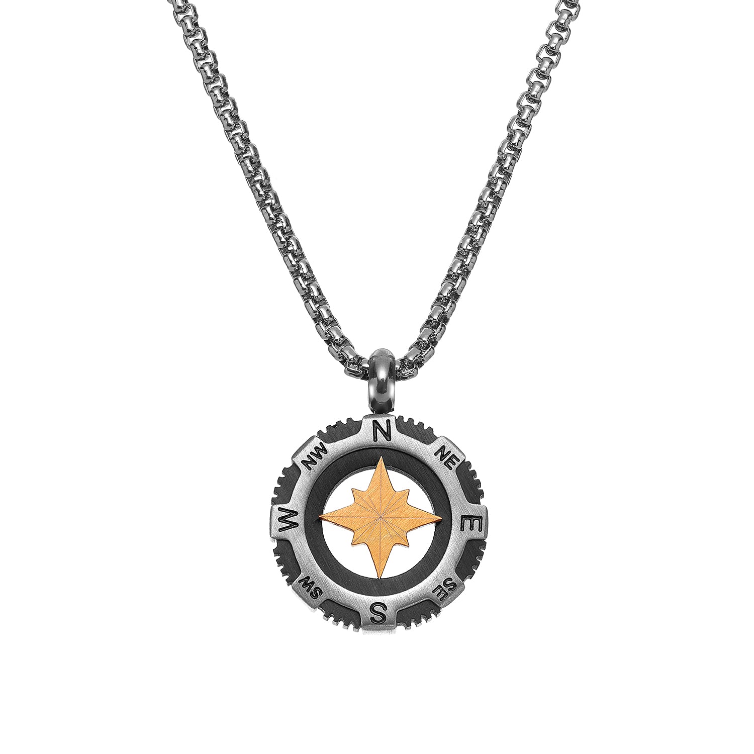 Ανδρικό κολιέ από ατσάλι, με διχρωμία ασημί - μαύρο και πυξίδα στο χρώμα του χαλκού Εικόνα 1