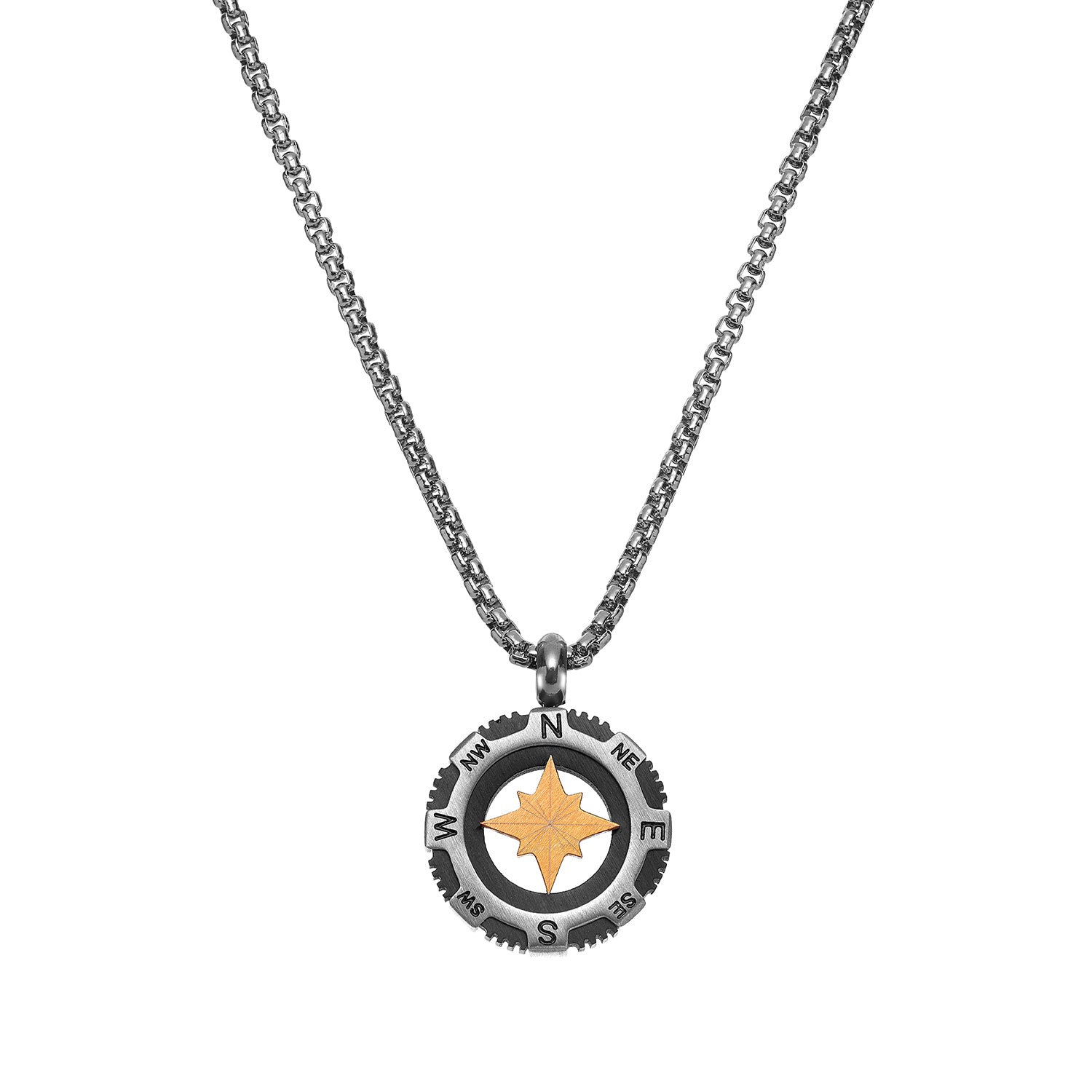 Ανδρικό κολιέ από ατσάλι, με διχρωμία ασημί - μαύρο και πυξίδα στο χρώμα του χαλκού Εικόνα 2