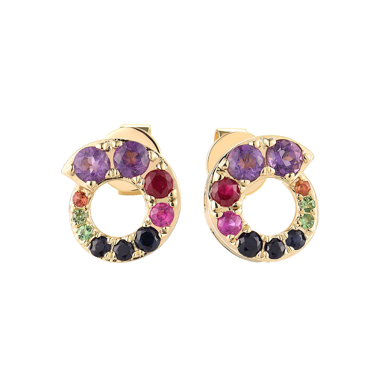 Σκουλαρίκια Secret Garden από χρυσό 14K με πολύχρωμα ζαφείρια, ρουμπίνι, αμέθυστο και πράσινο γρανάτη Εικόνα 1