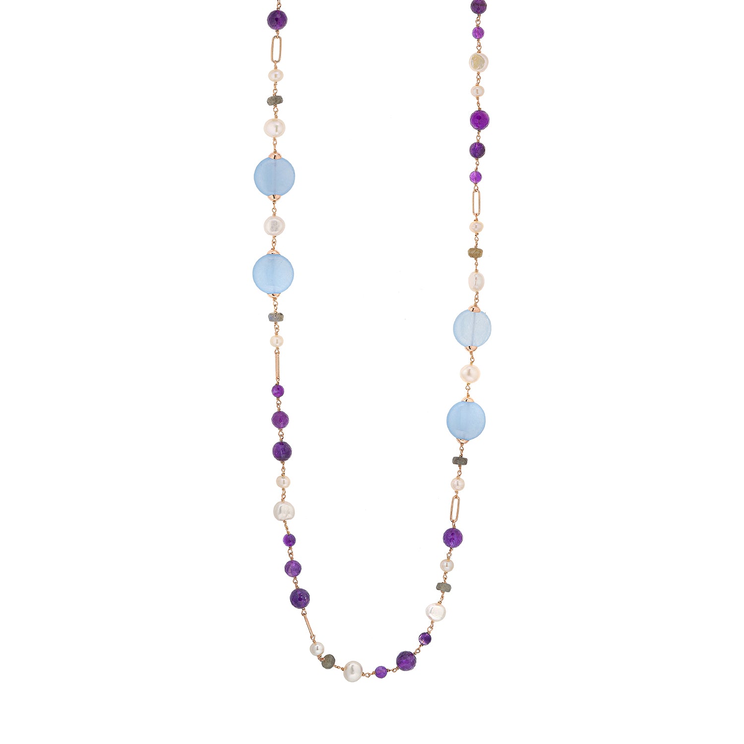 Κολιέ Swing από ροζ επιχρυσωμένο ασήμι 925° με freshwater pearls, αμέθυστο, νεφρίτη και λαμπραντορίτη Εικόνα 1