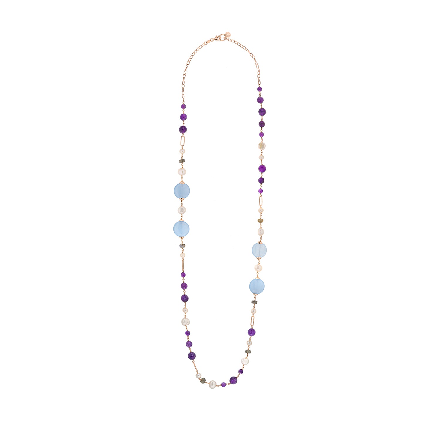 Κολιέ Swing από ροζ επιχρυσωμένο ασήμι 925° με freshwater pearls, αμέθυστο, νεφρίτη και λαμπραντορίτη Εικόνα 2