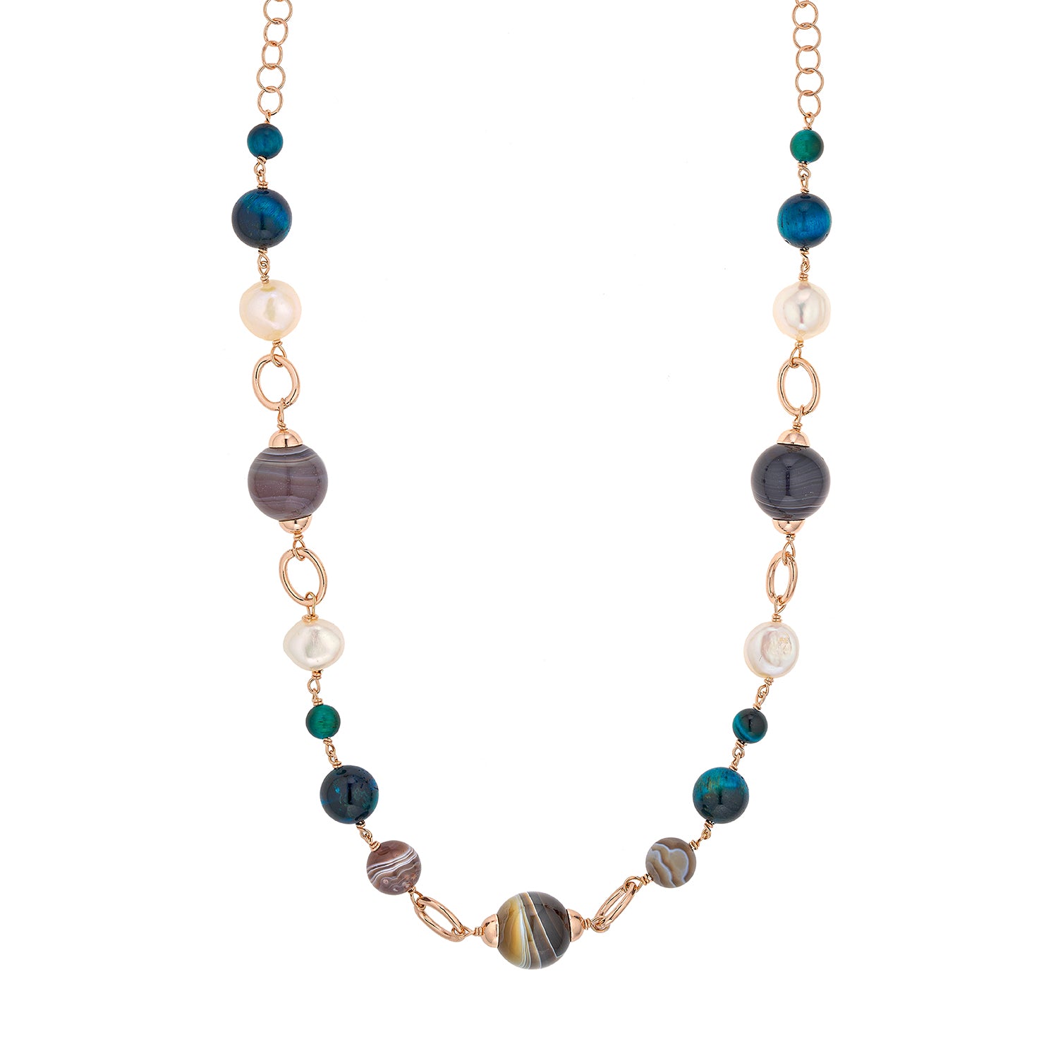 Κολιέ Swing από ροζ επιχρυσωμένο ασήμι 925° με freshwater pearls, αχάτη και tiger's eye stone Εικόνα 1