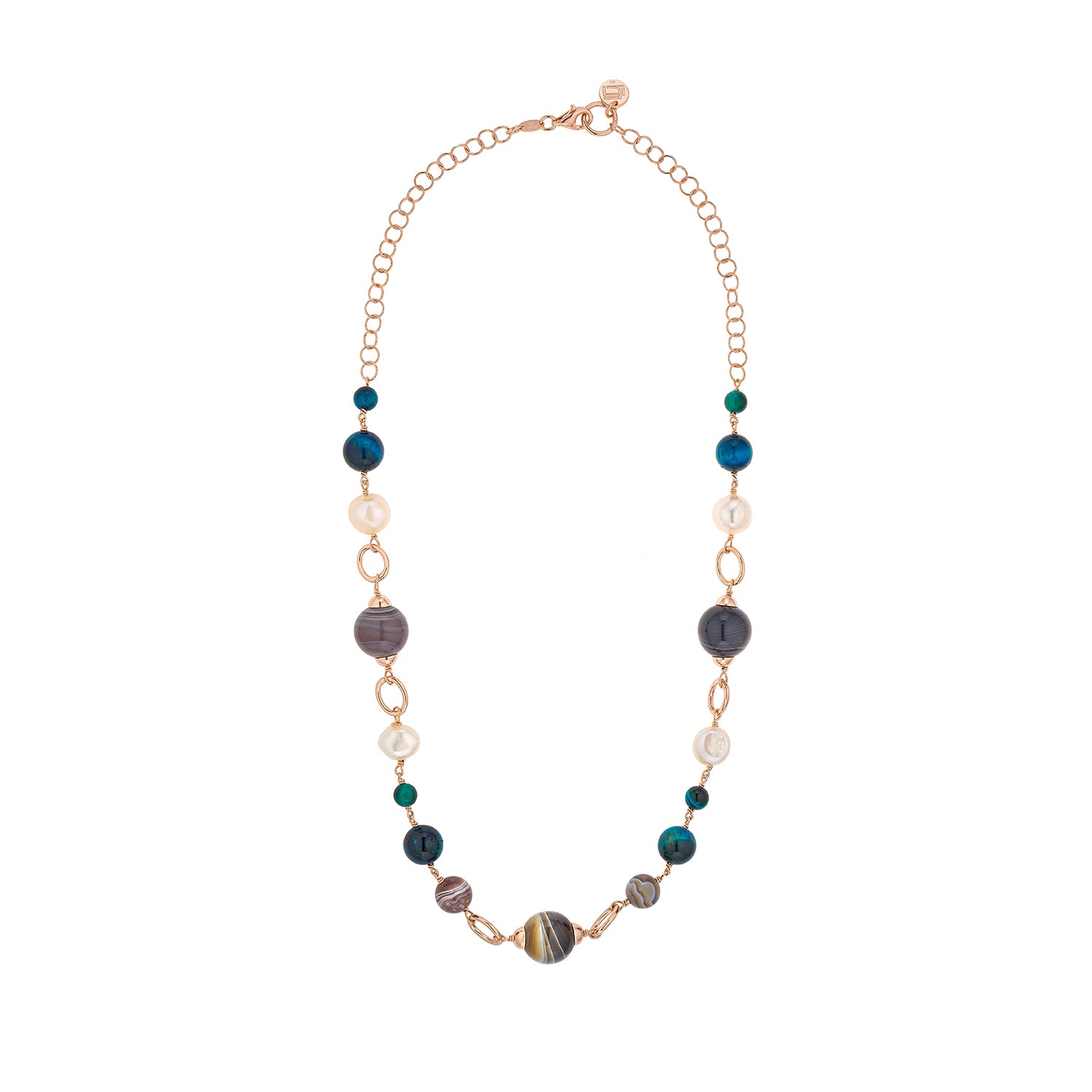 Κολιέ Swing από ροζ επιχρυσωμένο ασήμι 925° με freshwater pearls, αχάτη και tiger's eye stone Εικόνα 2