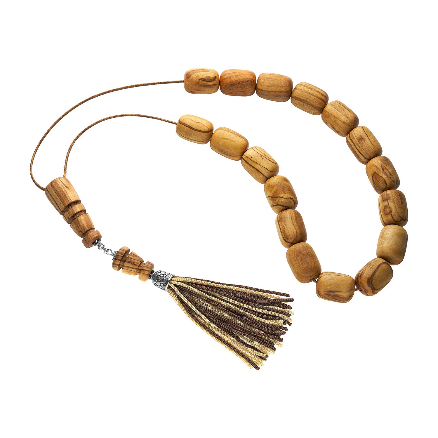 Χειροποίητο κομπολόι από ξύλο ελιάς, με στοιχεία από ασήμι 925° και φούντα από φυσικό μετάξι Εικόνα 1