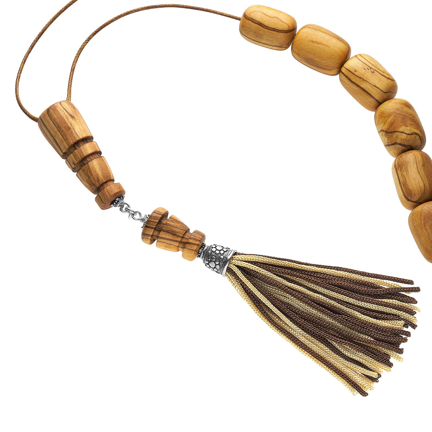 Χειροποίητο κομπολόι από ξύλο ελιάς, με στοιχεία από ασήμι 925° και φούντα από φυσικό μετάξι Εικόνα 2