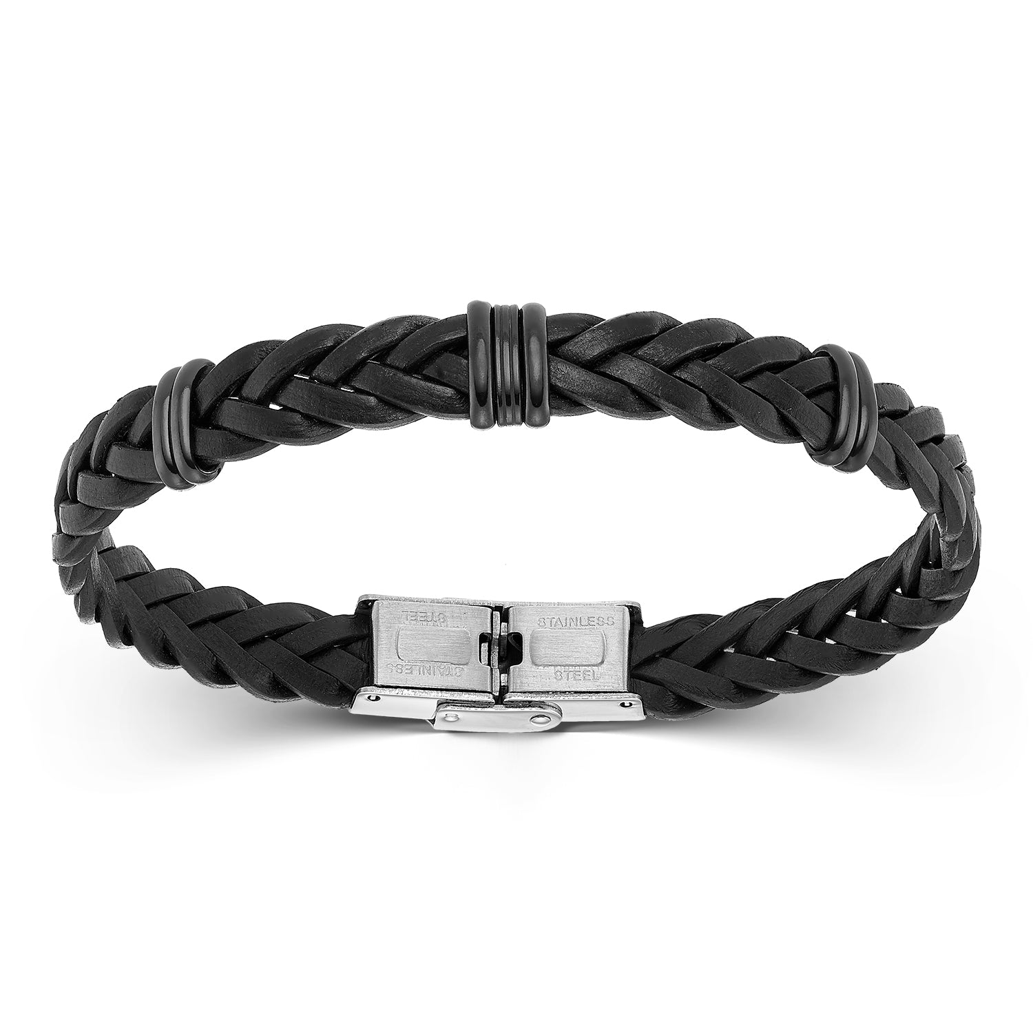 Ανδρικό βραχιόλι από μαύρο δέρμα με μαύρα στοιχεία από ατσάλι Εικόνα 1