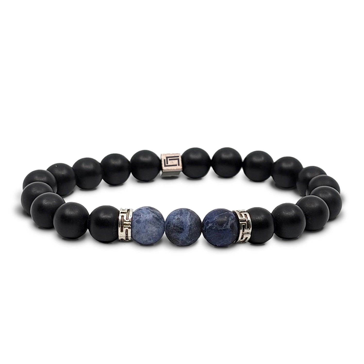 Ανδρικό βραχιόλι από μαύρο αχάτη και σοδαλίτη με στοιχεία από ατσάλι Εικόνα 1
