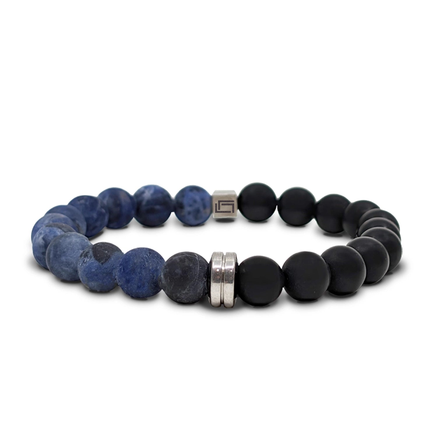 Ανδρικό βραχιόλι από μαύρο αχάτη και σοδαλίτη με στοιχεία από ατσάλι Εικόνα 1