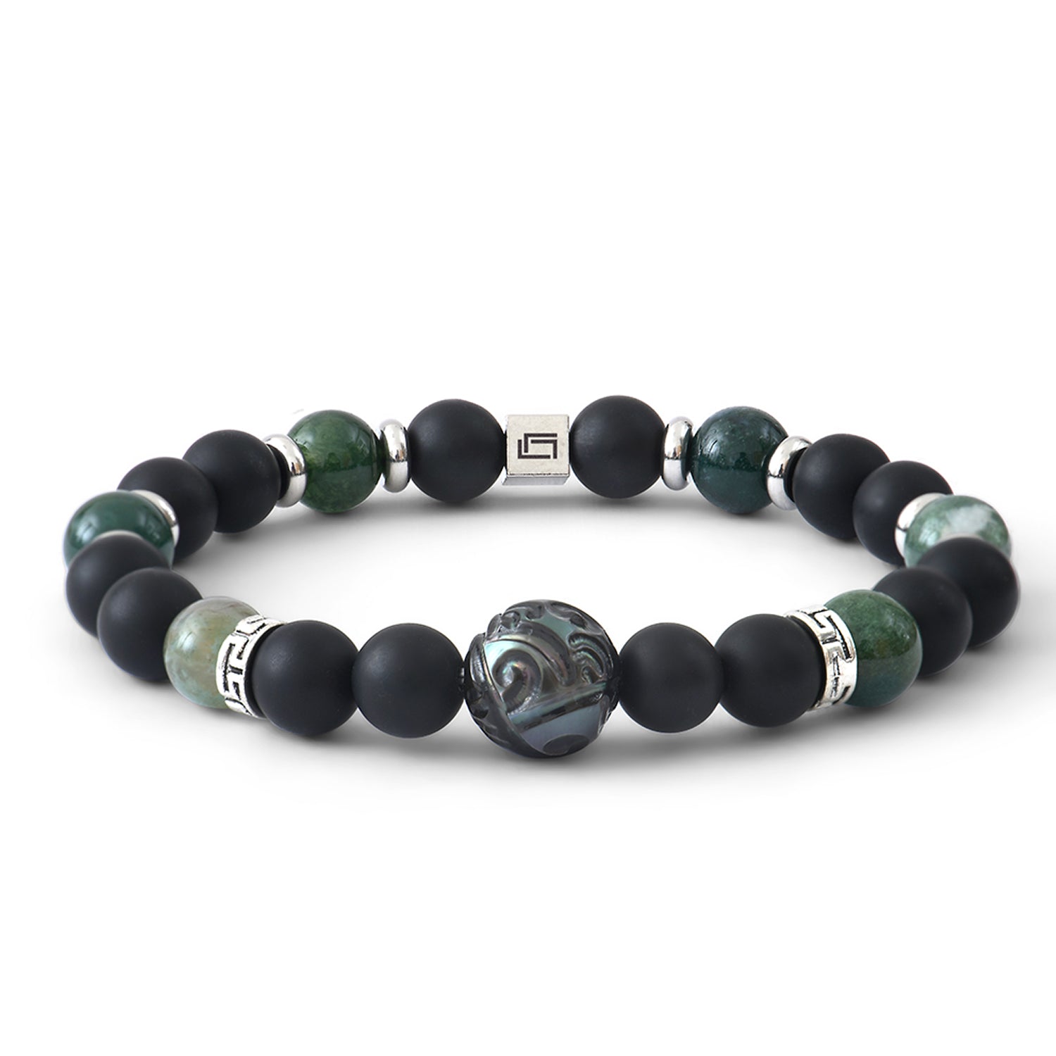 Ανδρικό βραχιόλι από βρυώδη και μαύρο αχάτη και σκαλισμένο μαργαριτάρι Ταϊτής Εικόνα 1