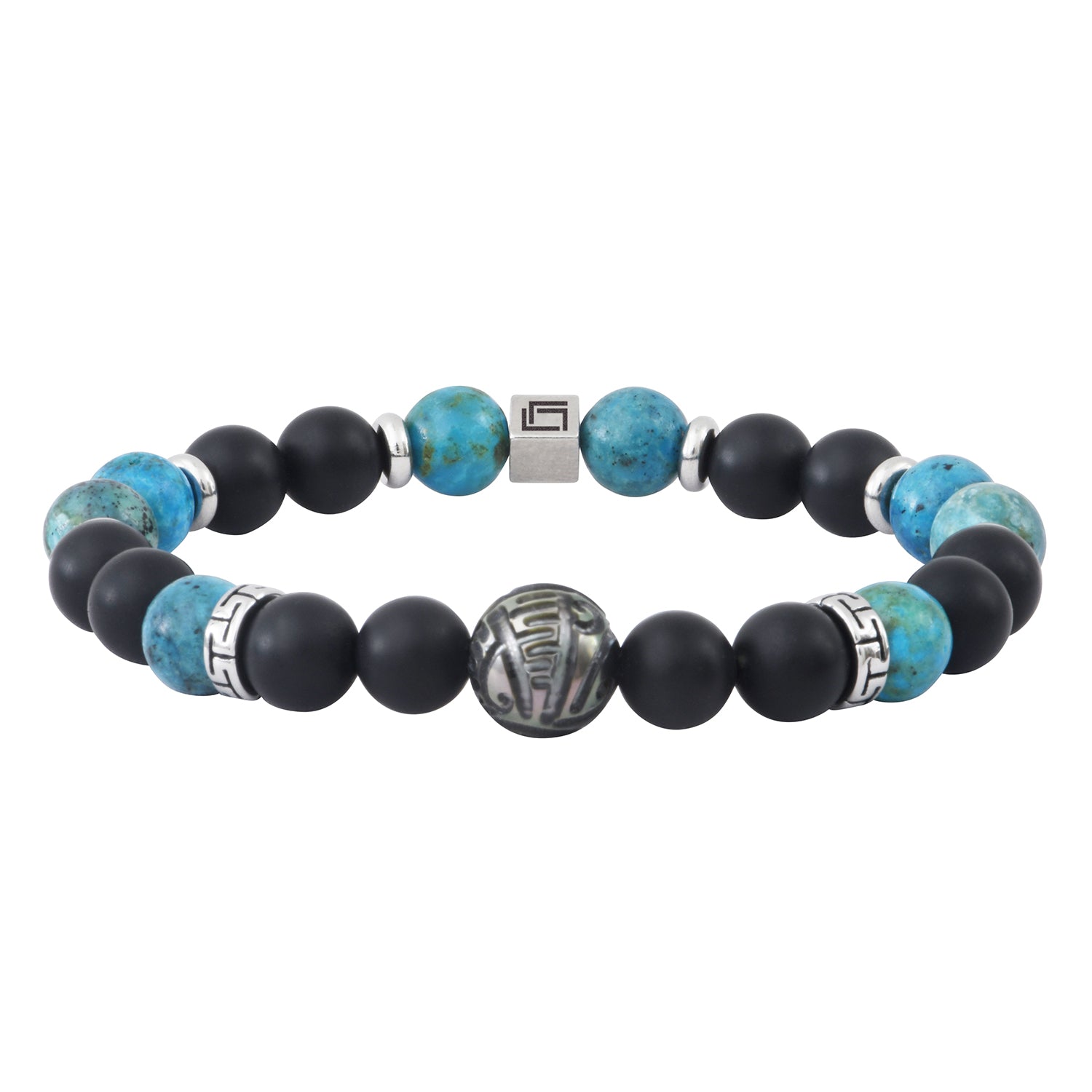 Ανδρικό βραχιόλι με μαύρο αχάτη, μπλε οπάλιο και σκαλισμένο μαργαριτάρι Ταϊτής 8mm Εικόνα 1