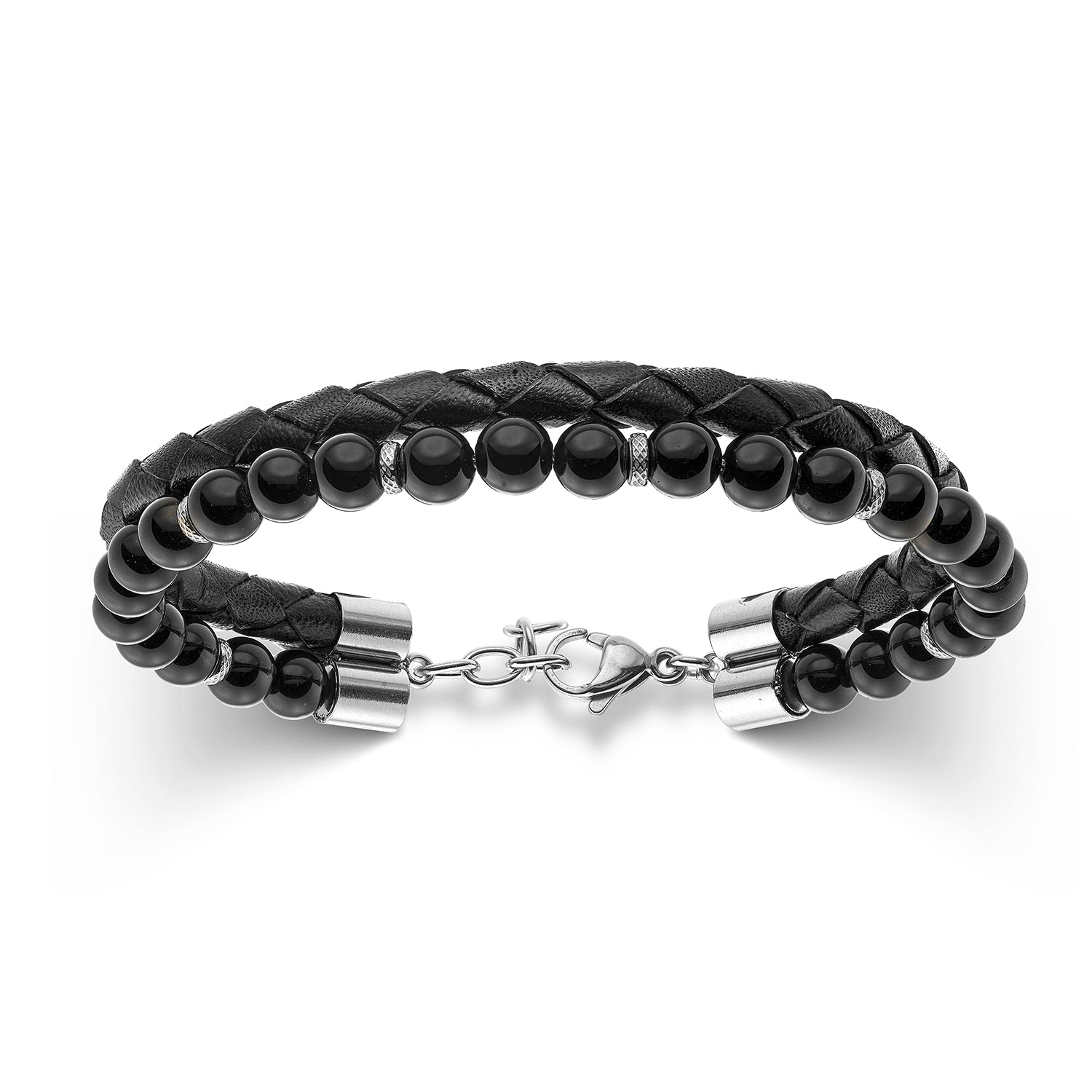 Ανδρικό βραχιόλι από ατσάλι με μαύρο όνυχα και πλέξη από μαύρο δέρμα Εικόνα 1