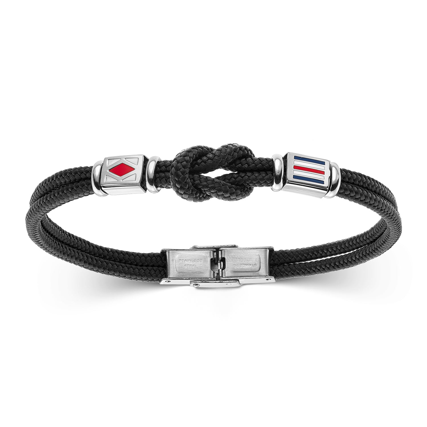 Ανδρικό βραχιόλι από ατσάλι με μαύρο ναυτικό κόμπο και σημαίες Εικόνα 1