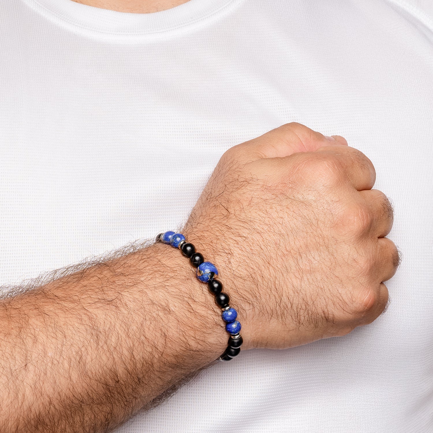 Ανδρικό βραχιόλι με μαύρο αχάτη και λάπη λαζούλι 8mm Εικόνα 2