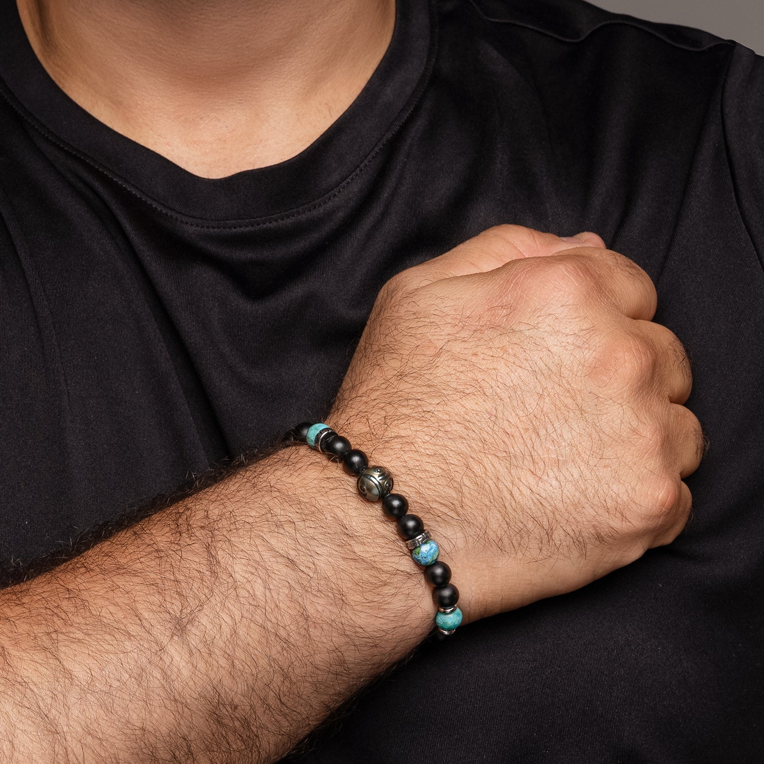 Ανδρικό βραχιόλι με μαύρο αχάτη, μπλε οπάλιο και σκαλισμένο μαργαριτάρι Ταϊτής 8mm Εικόνα 2