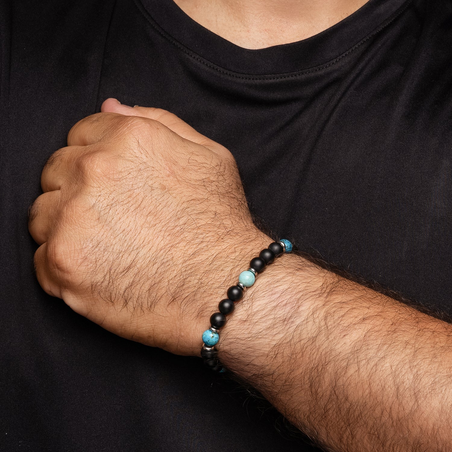 Ανδρικό βραχιόλι με μαύρο αχάτη και μπλε οπάλιο 8mm Εικόνα 2