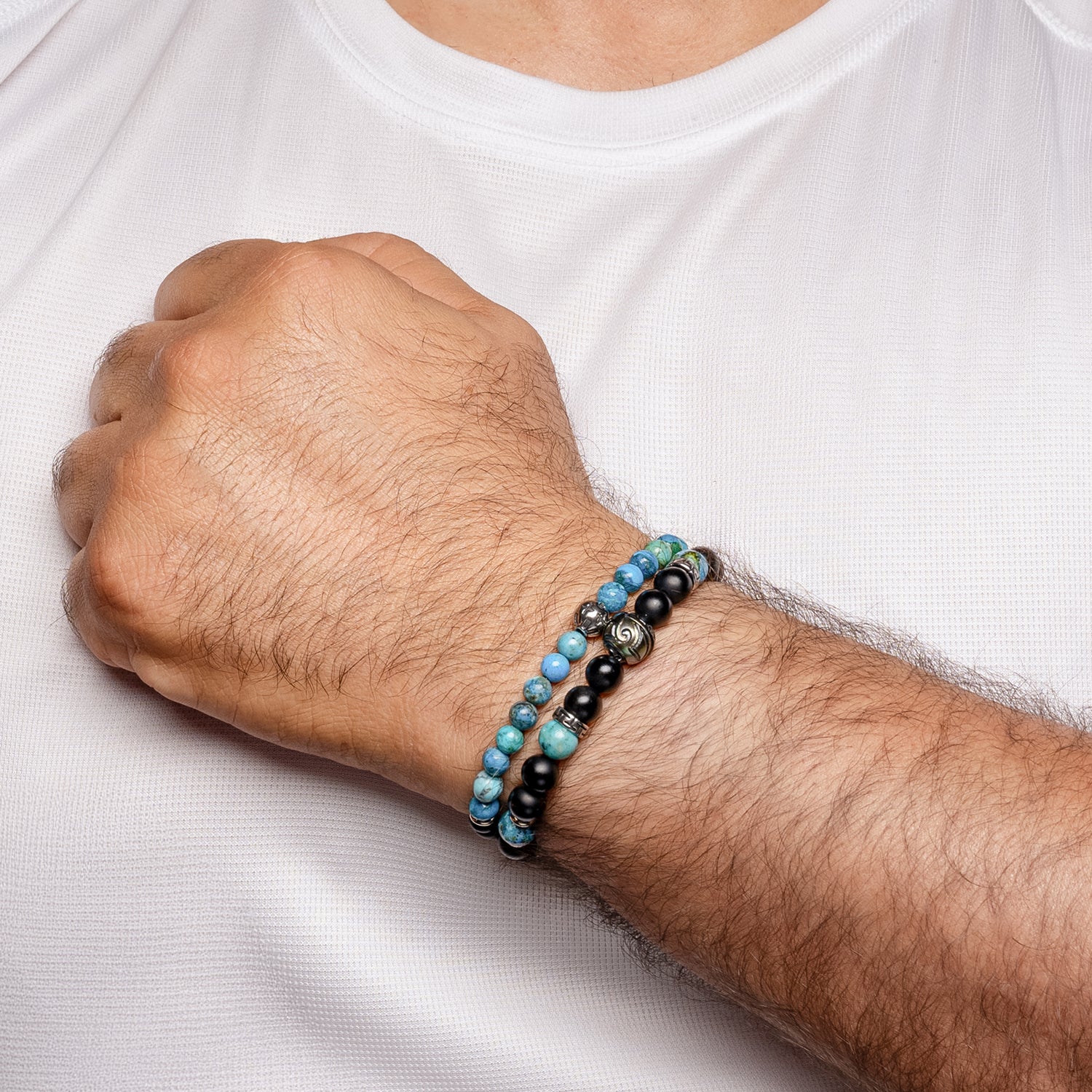 Ανδρικό βραχιόλι με μαύρο αχάτη, μπλε οπάλιο 6mm και στοιχείο από ατσάλι Εικόνα 2