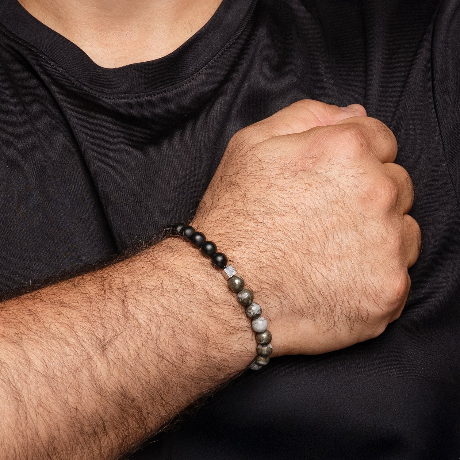 Ανδρικό βραχιόλι από μαύρο αχάτη και πυρίτη Εικόνα 2