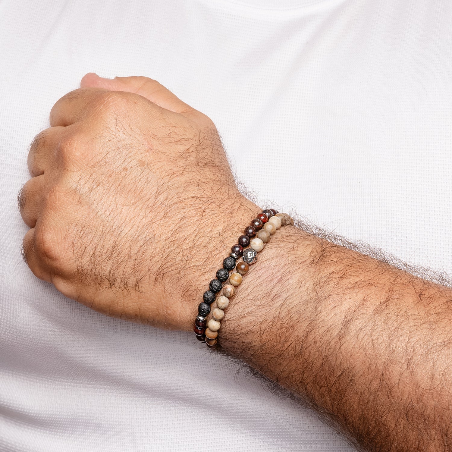 Ανδρικό βραχιόλι από απολιθωμένο ξύλο και μοτίβο από ατσάλι Εικόνα 2