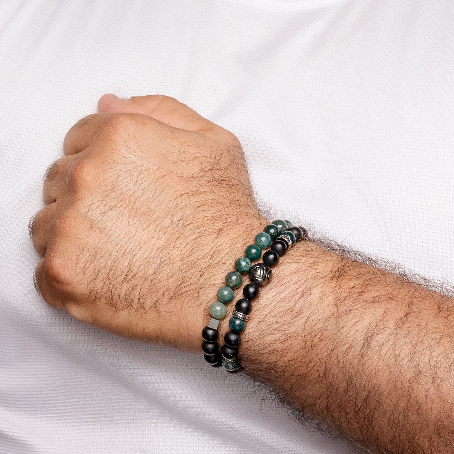 Ανδρικό βραχιόλι από βρυώδη και μαύρο αχάτη και σκαλισμένο μαργαριτάρι Ταϊτής Εικόνα 2