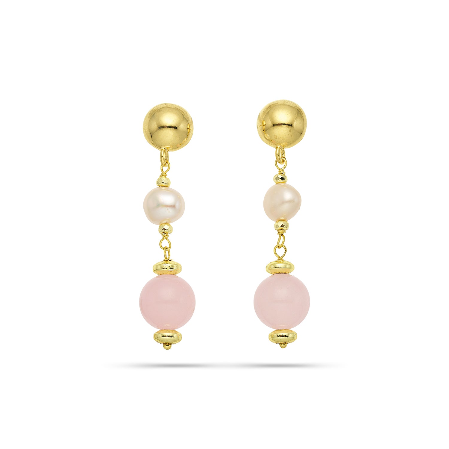 Σκουλαρίκια Amalfi από επιχρυσωμένο ασήμι 925° με ροζ χαλαζία και freshwater pearls Εικόνα 1
