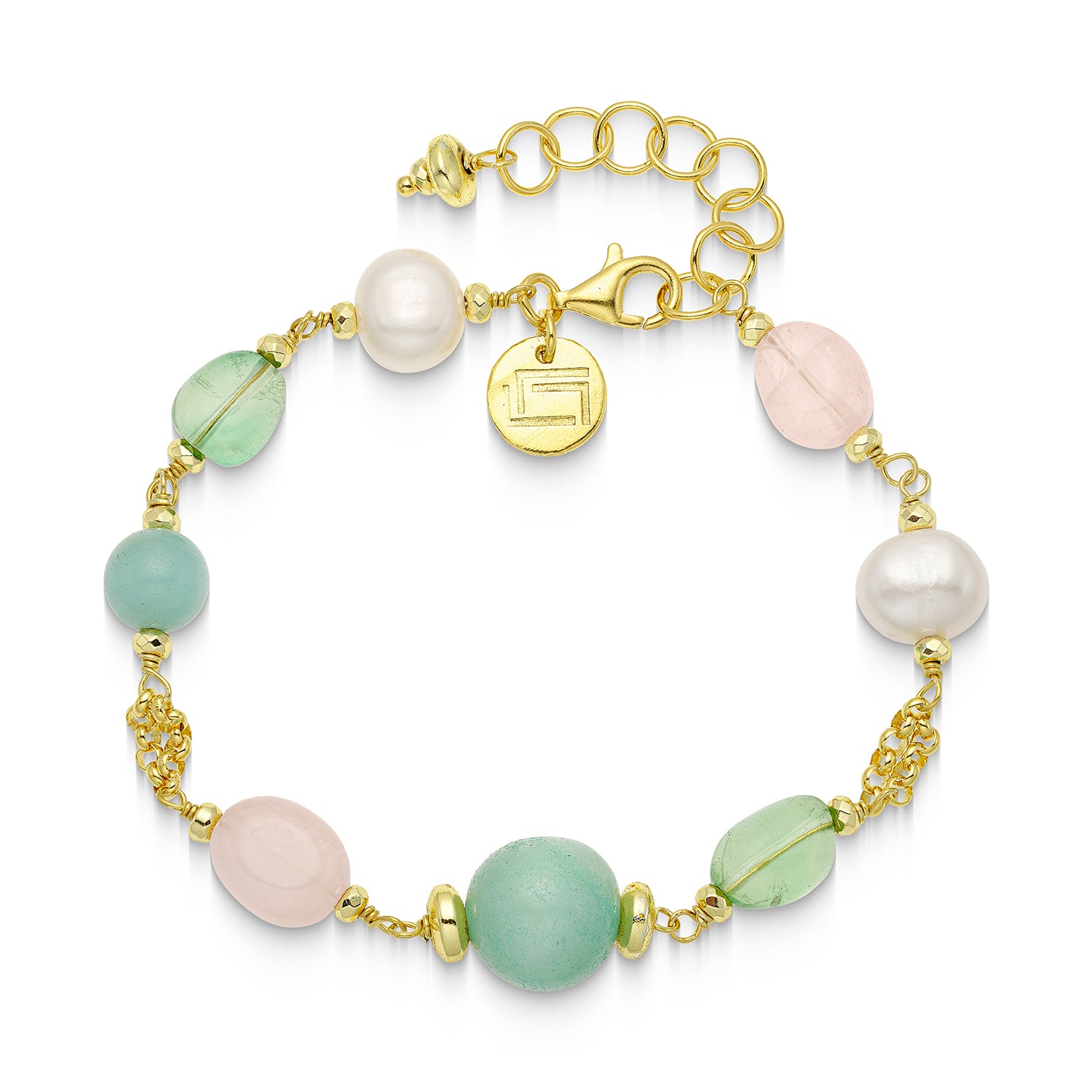 Βραχιόλι Amalfi από επιχρυσωμένο ασήμι 925° με ροζ χαλαζία, αμαζονίτη, φθωρίτη και freshwater pearls Εικόνα 1