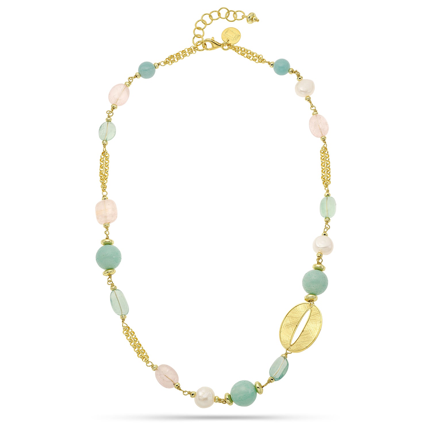 Κολιέ Amalfi από επιχρυσωμένο ασήμι 925° με αμαζονίτη, φθωρίτη, ροζ χαλαζία και freshwater pearls Εικόνα 1