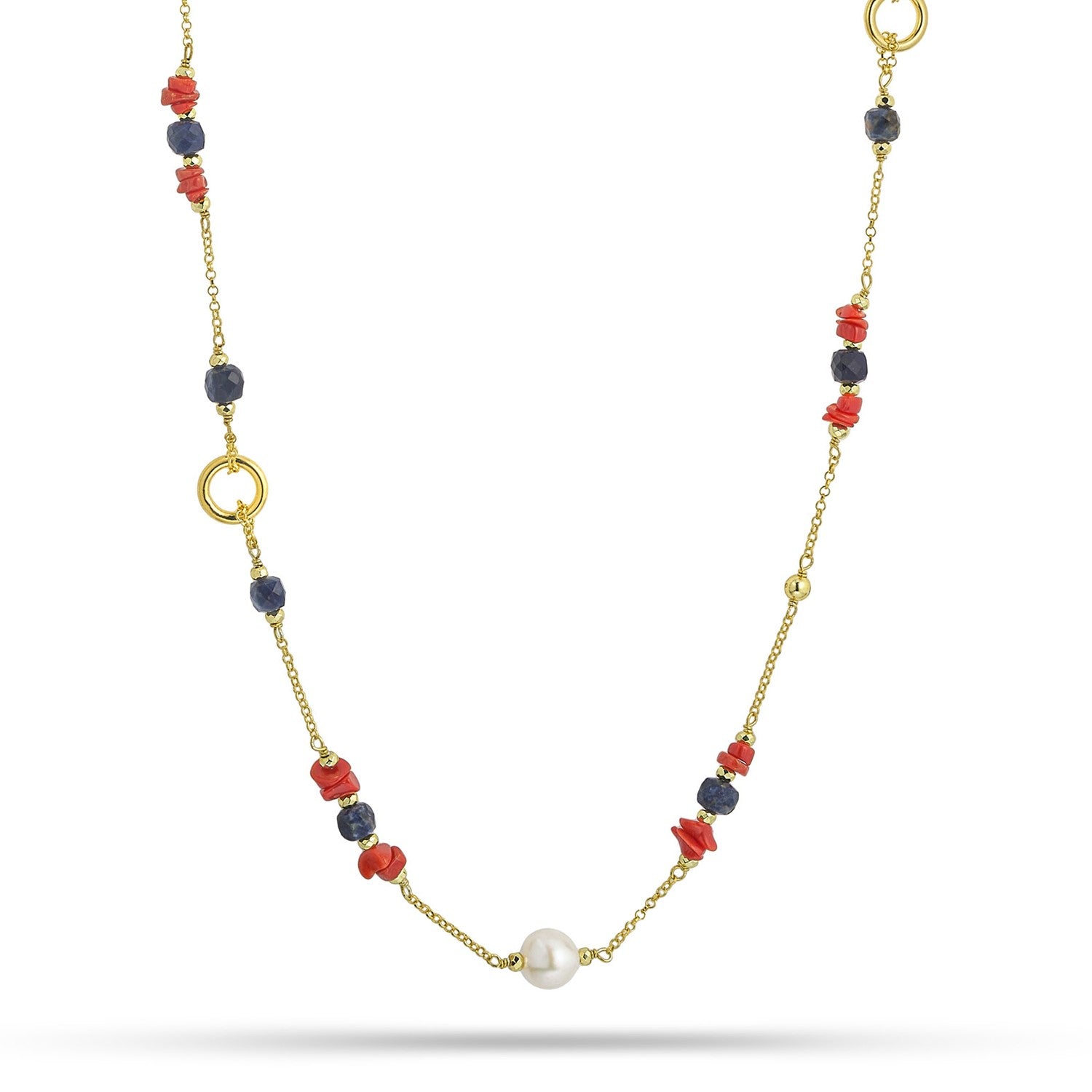 Κολιέ Amalfi από επιχρυσωμένο ασήμι 925° με κοράλλι, σοδαλίτη και freshwater pearls Εικόνα 2