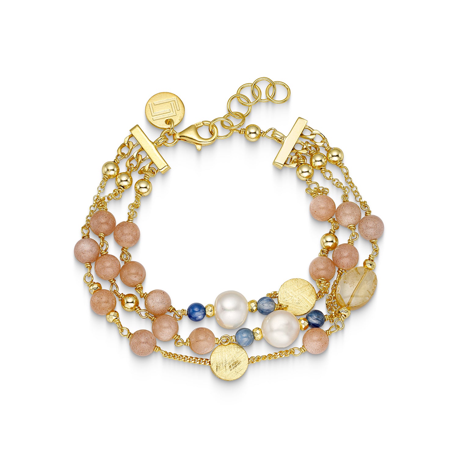 Βραχιόλι Amalfi από επιχρυσωμένο ασήμι 925° με moonstone, κυανίτη, αιματίτη και freshwater pearls