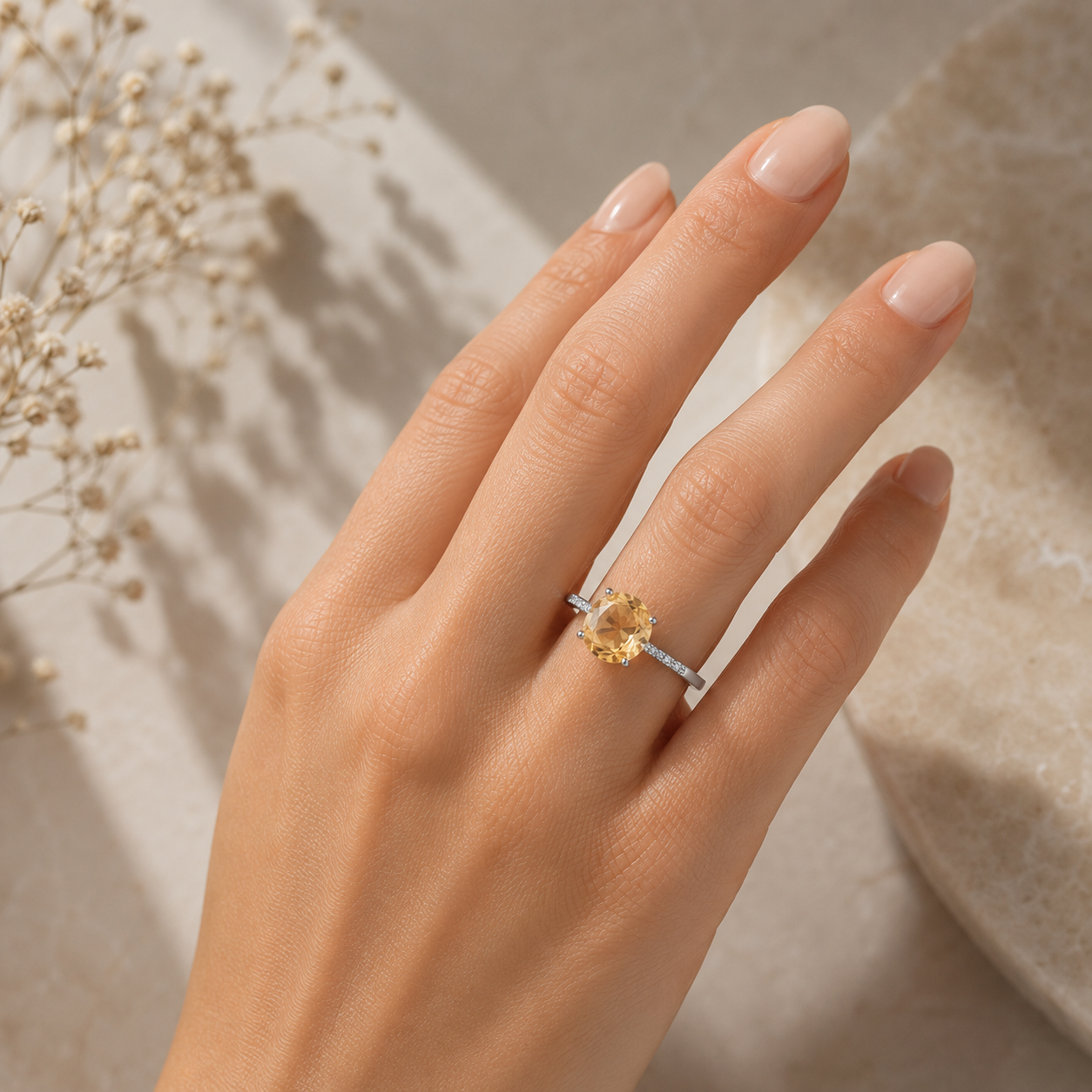 Δαχτυλίδι Secret Garden από λευκό χρυσό 14K με σιτρίν και διαμάντια μπριγιάν