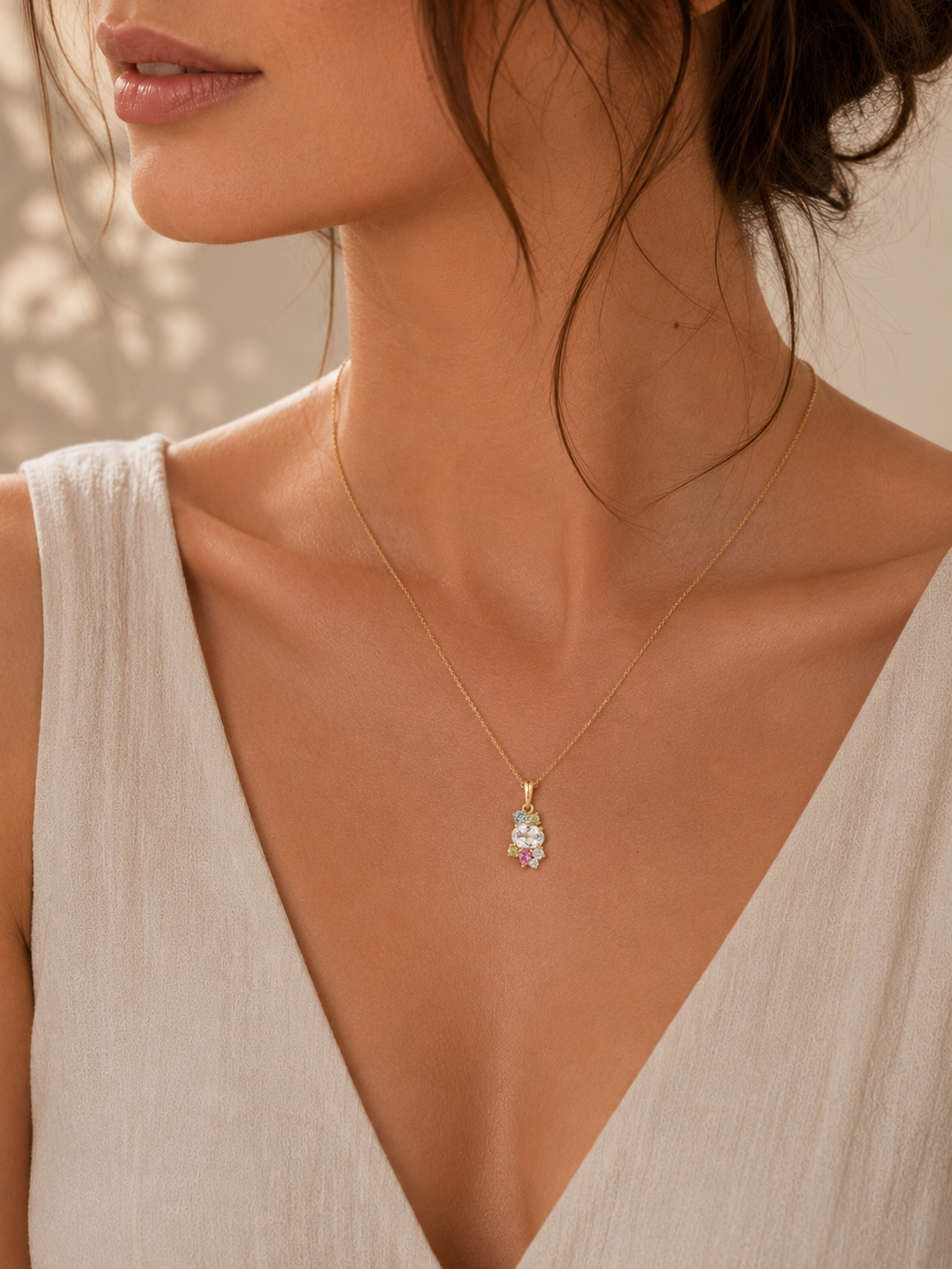 Μενταγιόν Secret Garden από χρυσό 14K με blue topaz, πράσινο γρανάτη, ροζ ζαφείρι και λευκό τοπάζι