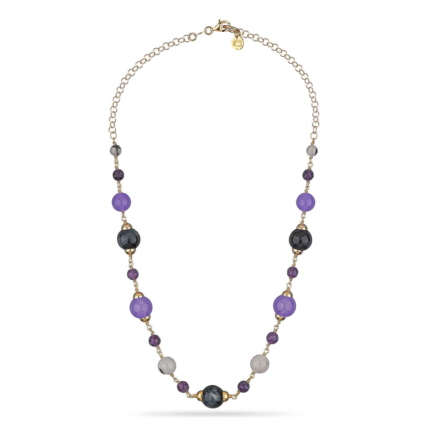 Κολιέ Swing από επιχρυσωμένο ασήμι 925° με αμέθυστο, tiger's eye, μωβ νεφρίτη και quartz Εικόνα 2