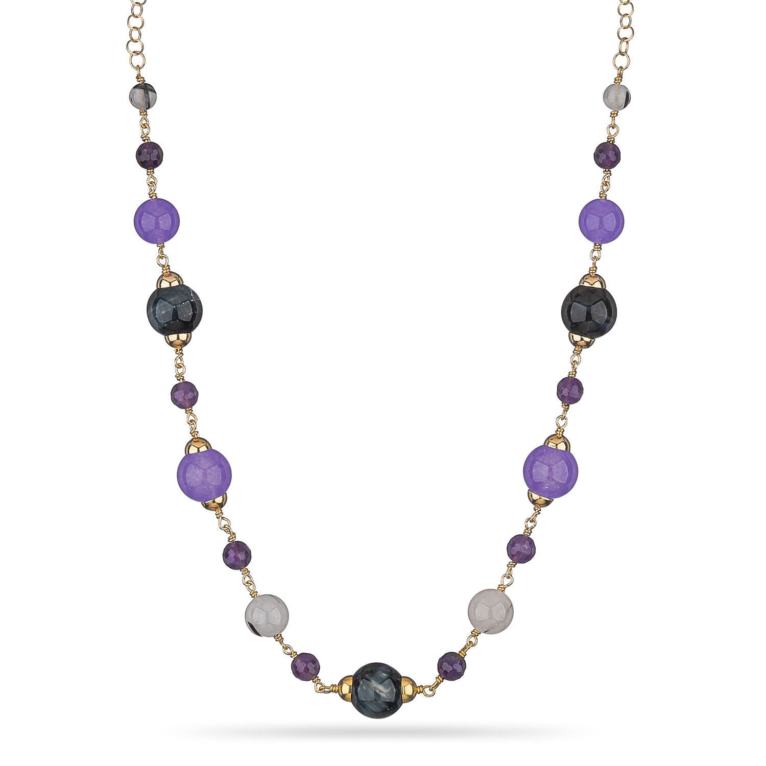 Κολιέ Swing από επιχρυσωμένο ασήμι 925° με αμέθυστο, tiger's eye, μωβ νεφρίτη και quartz Εικόνα 1