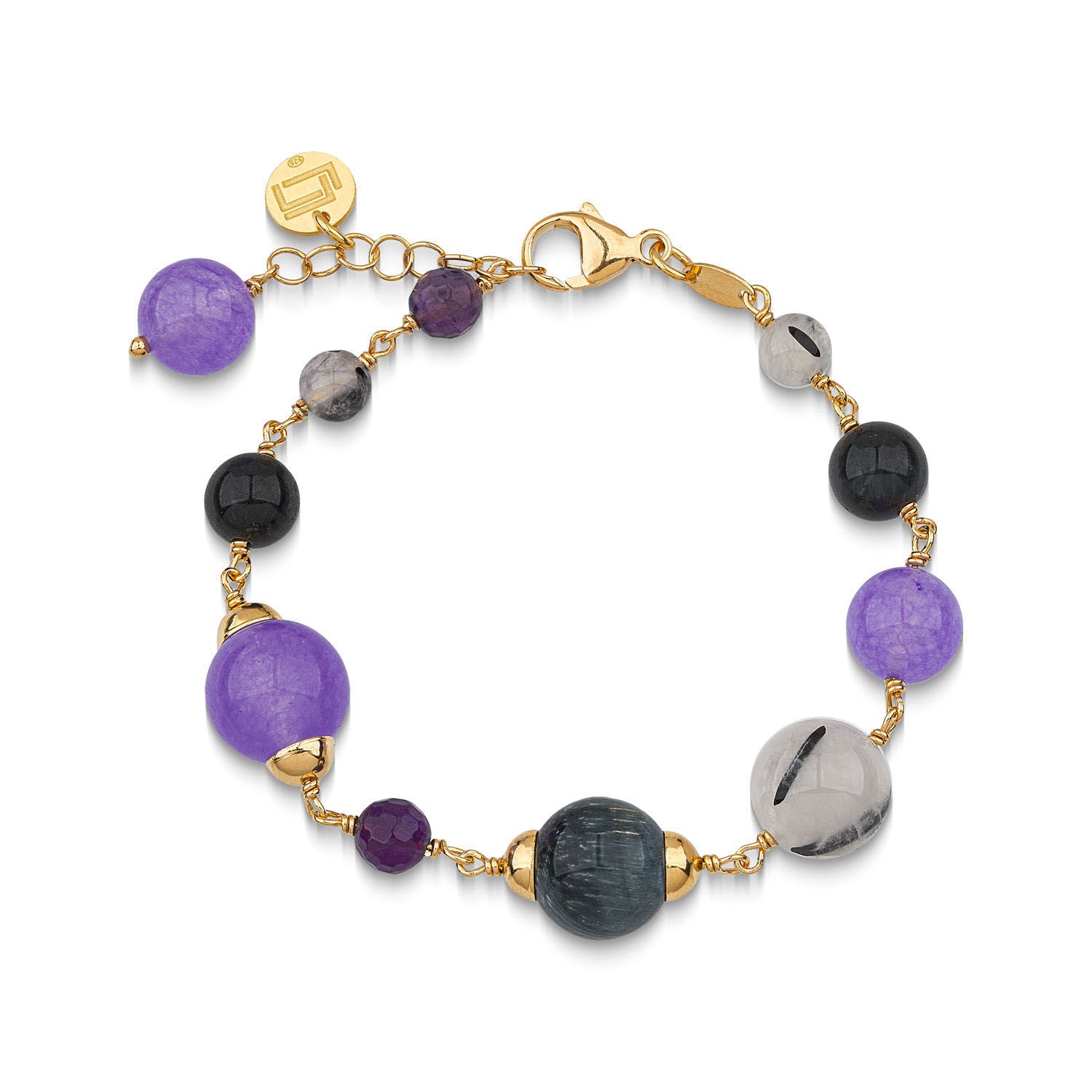 Βραχιόλι Swing από επιχρυσωμένο ασήμι 925° με αμέθυστο, tiger's eye, μωβ νεφρίτη και quartz Εικόνα 1