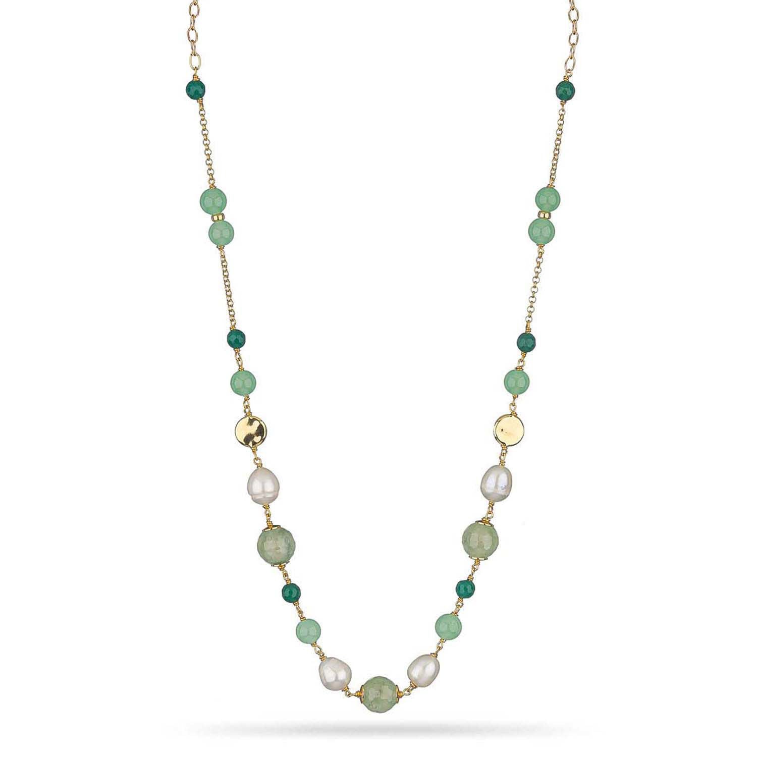 Κολιέ Swing από επιχρυσωμένο ασήμι 925° με πράσινο αχάτη,αβεντουρίνη,cat's eye stone και freshwater pearls Εικόνα 1