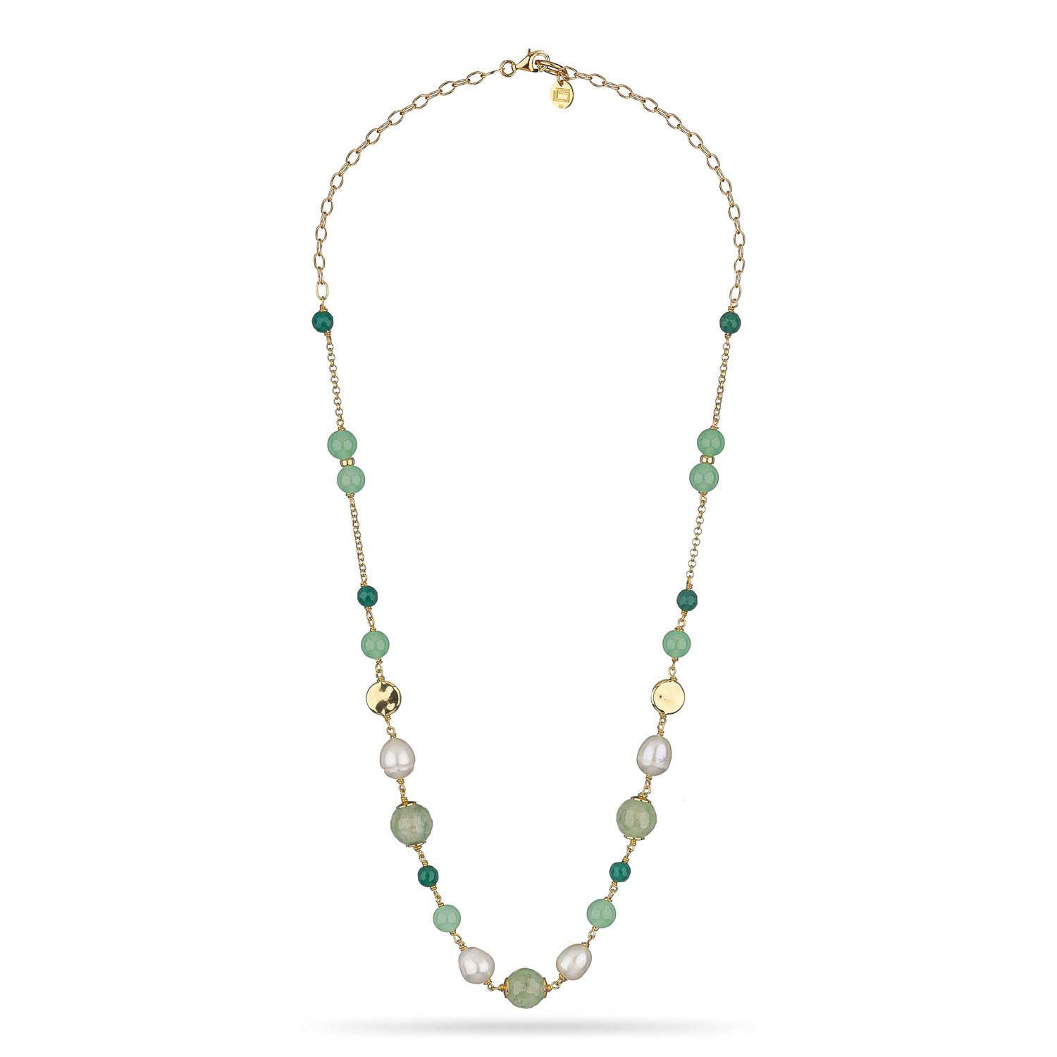 Κολιέ Swing από επιχρυσωμένο ασήμι 925° με πράσινο αχάτη,αβεντουρίνη,cat's eye stone και freshwater pearls Εικόνα 2
