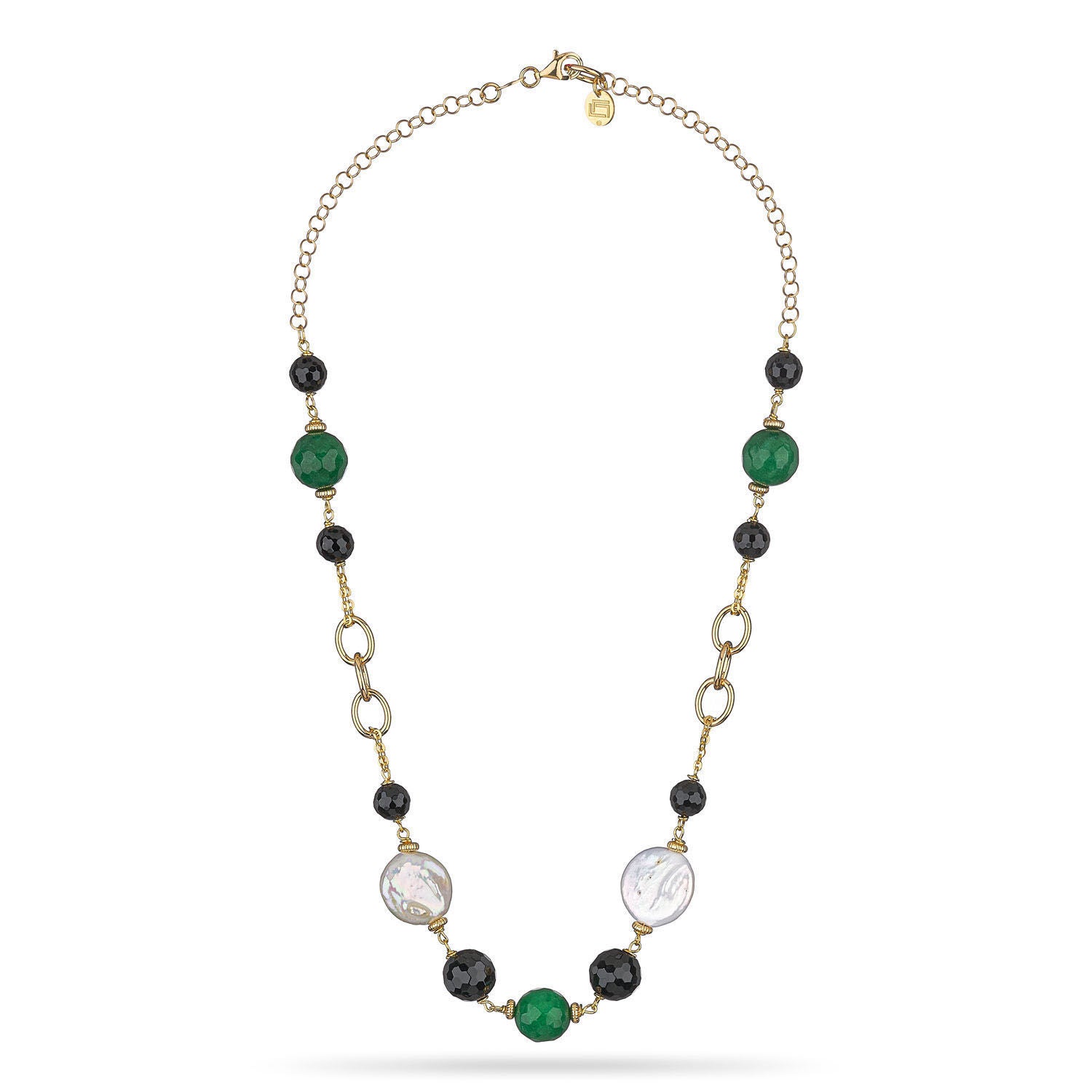 Κολιέ Swing από επιχρυσωμένο ασήμι 925° με μαύρο αχάτη, πράσινο αχάτη και μαργαριτάρια μπαρόκ Εικόνα 1