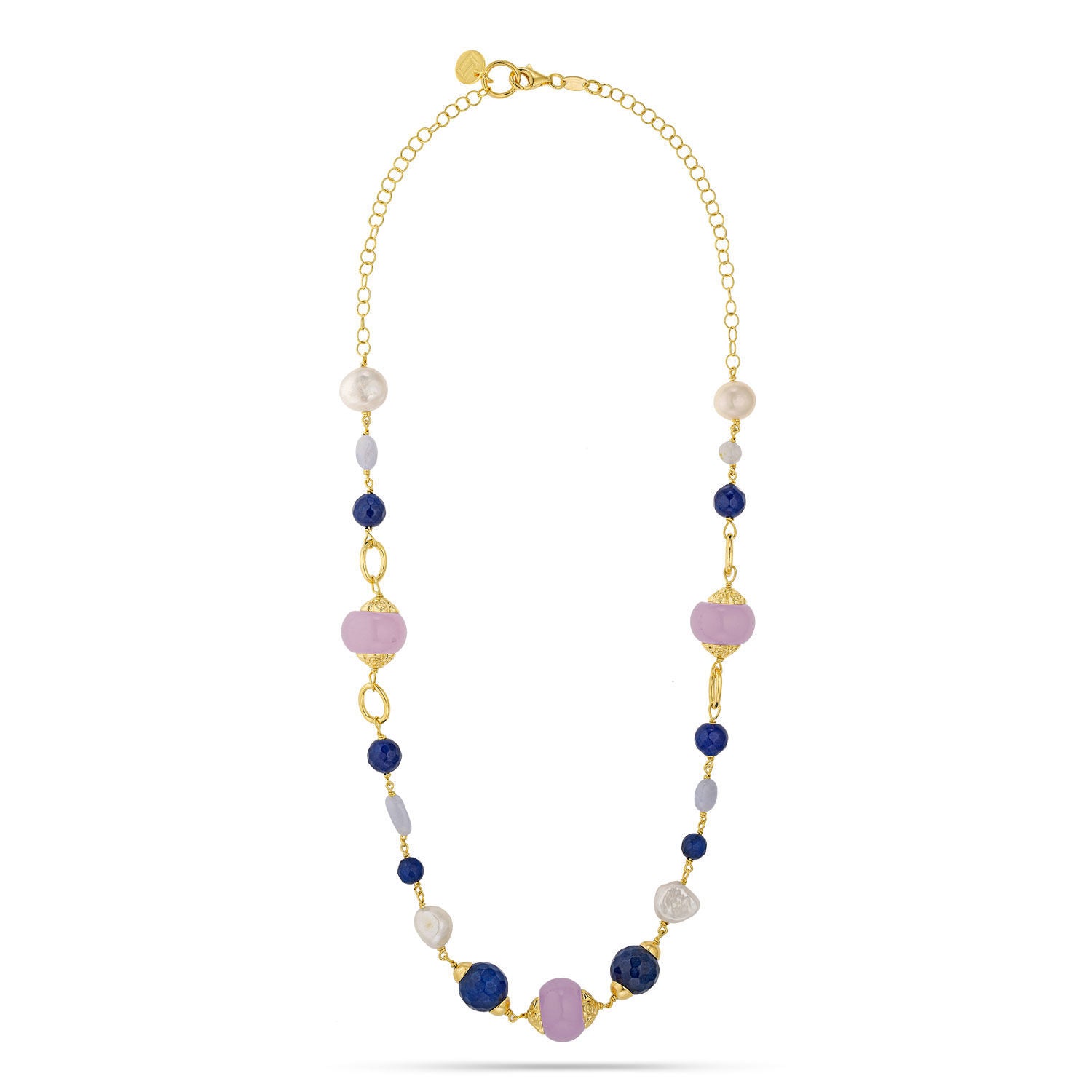 Κολιέ Swing από επιχρυσωμένο ασήμι 925° με freshwater pearls, blue quartz και αμέθυστο Εικόνα 1