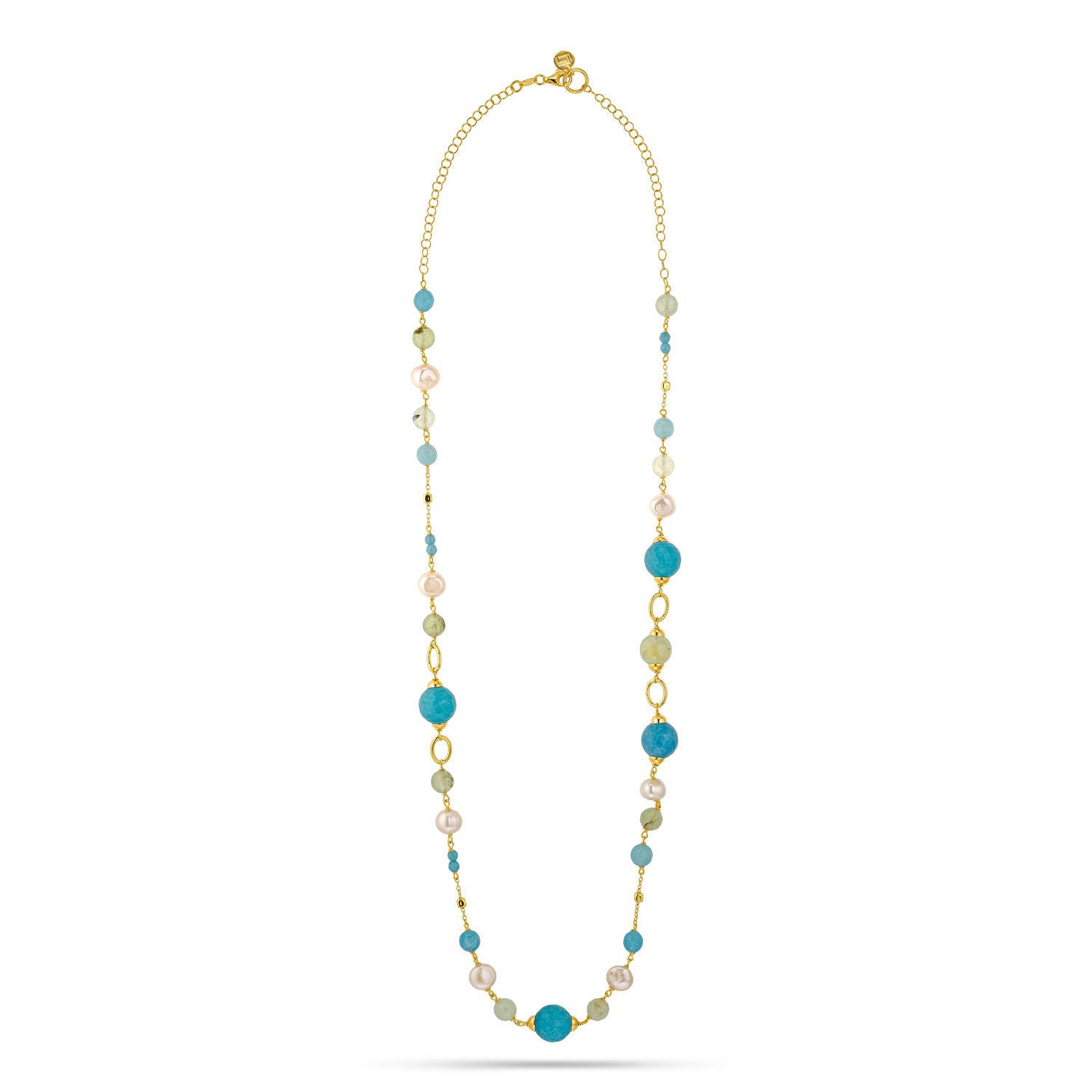 Κολιέ Swing από επιχρυσωμένο ασήμι 925° με freshwater pearls, blue quartz και πρενίτη Εικόνα 2