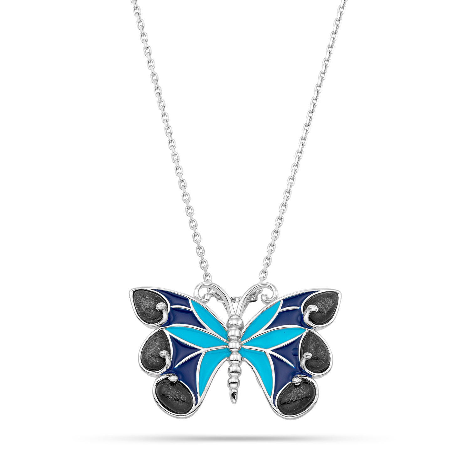 Κολιέ Iris από επιροδιωμένο ασήμι 925° με οψιδιανό και μπλε σμάλτο Εικόνα 1