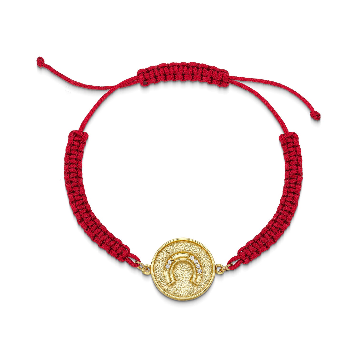 Βραχιόλι Horseshoe coin από επιχρυσωμένο ασήμι 925° με ζιργκόν σε κόκκινο μακραμέ Εικόνα 1